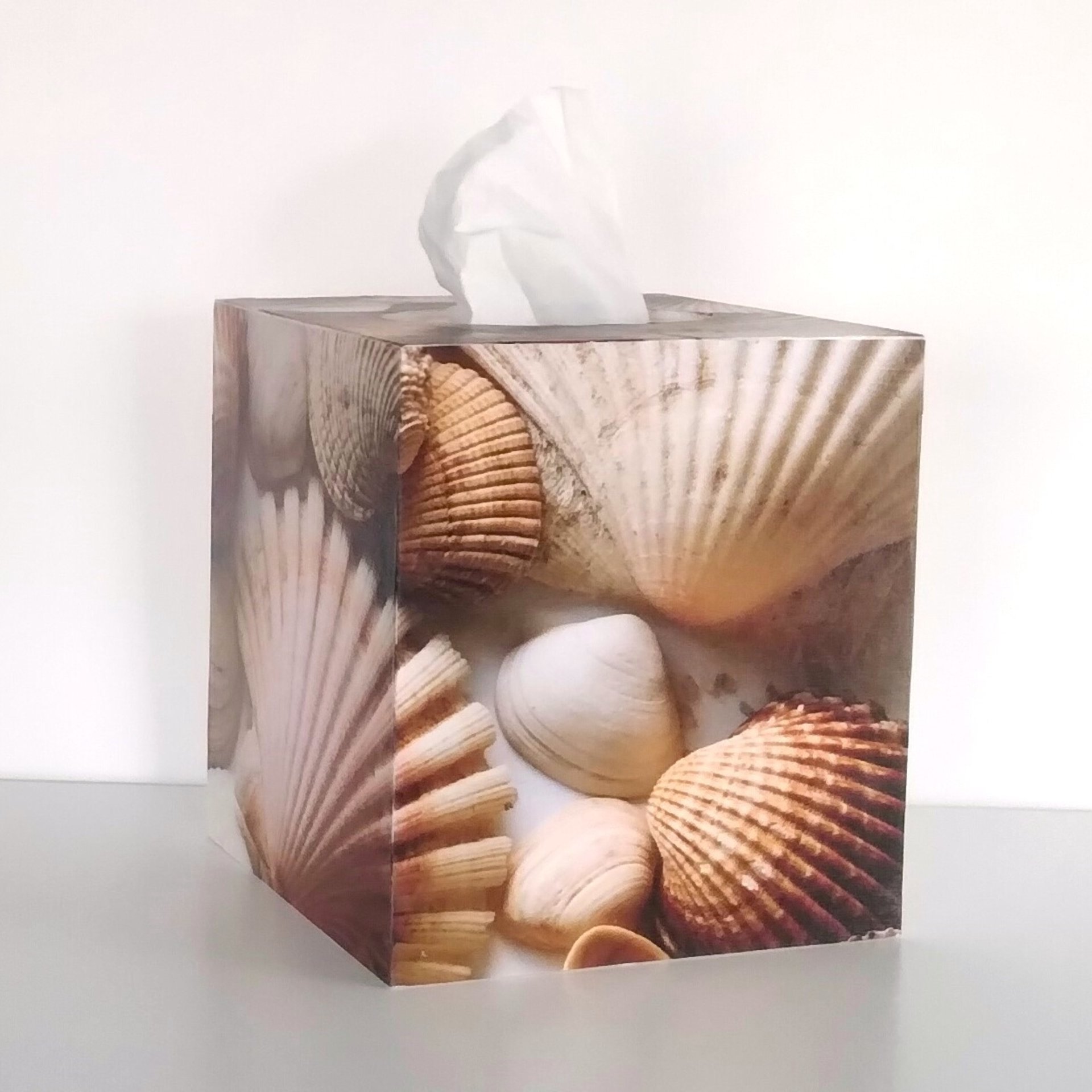 Seashells Tissue Box Cover - Decoupage square tissue holder, coastal beach decor