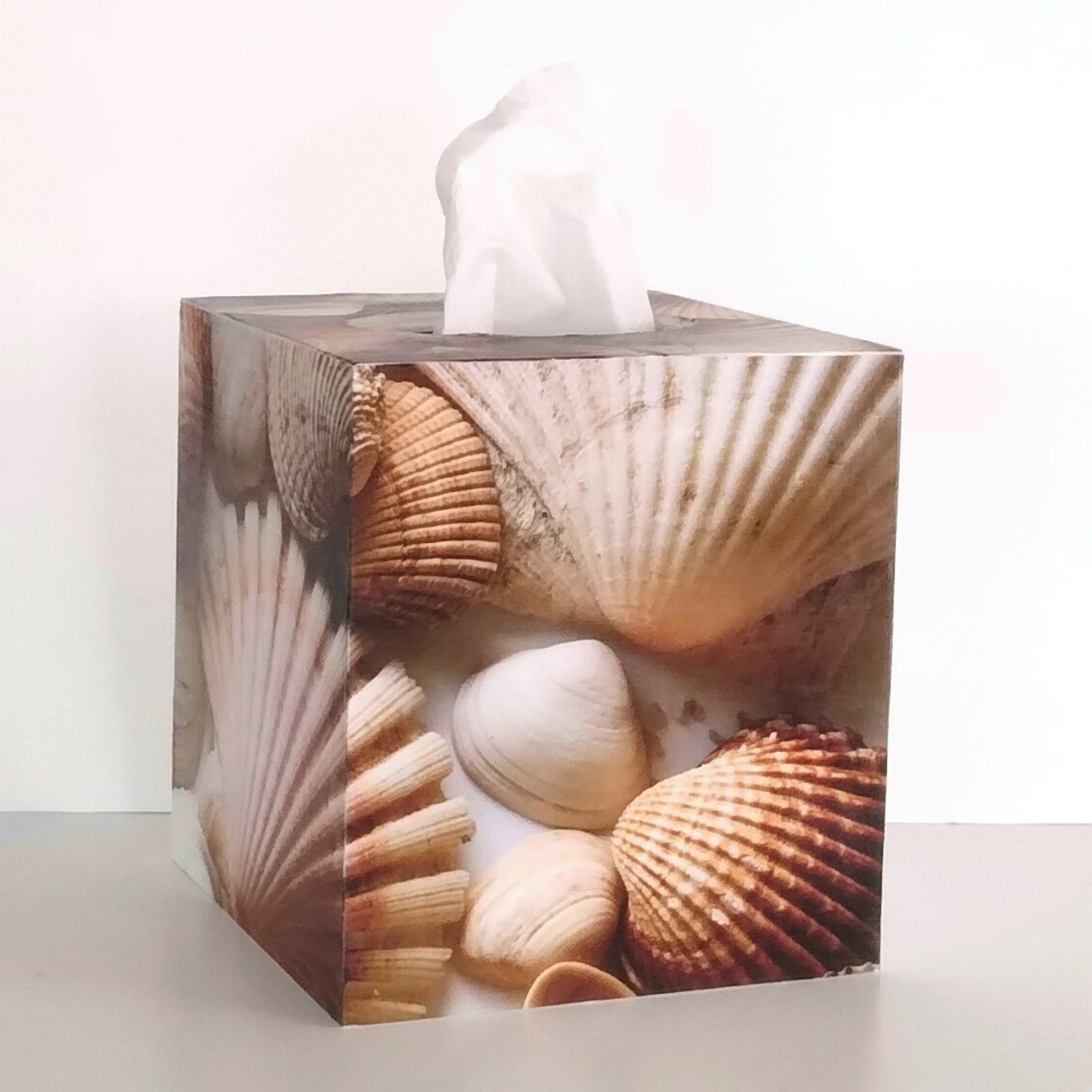 Seashells Tissue Box Cover - Decoupage square tissue holder, coastal beach decor