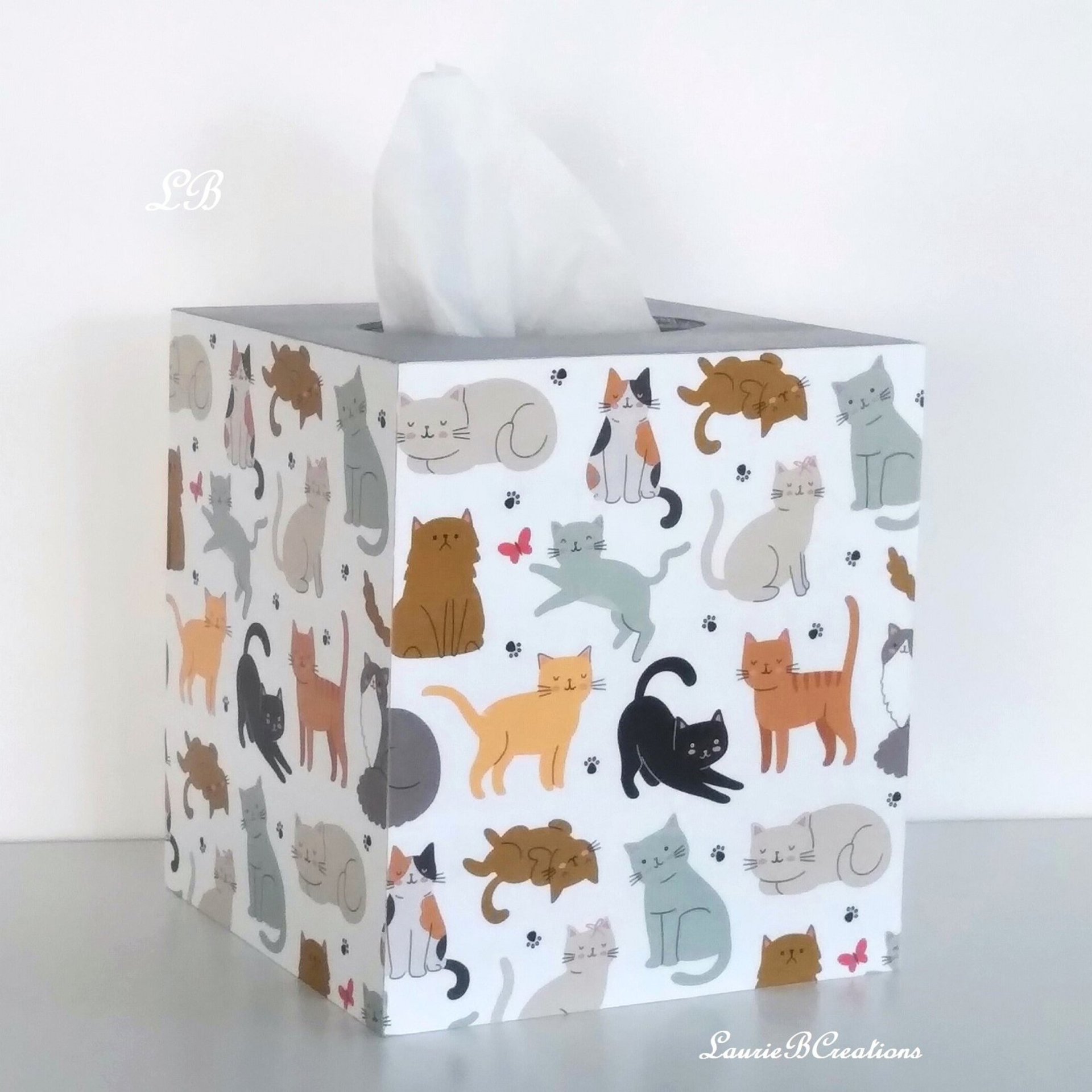 Cat Tissue Box Cover - Decoupage square tissue holder with multi color cats