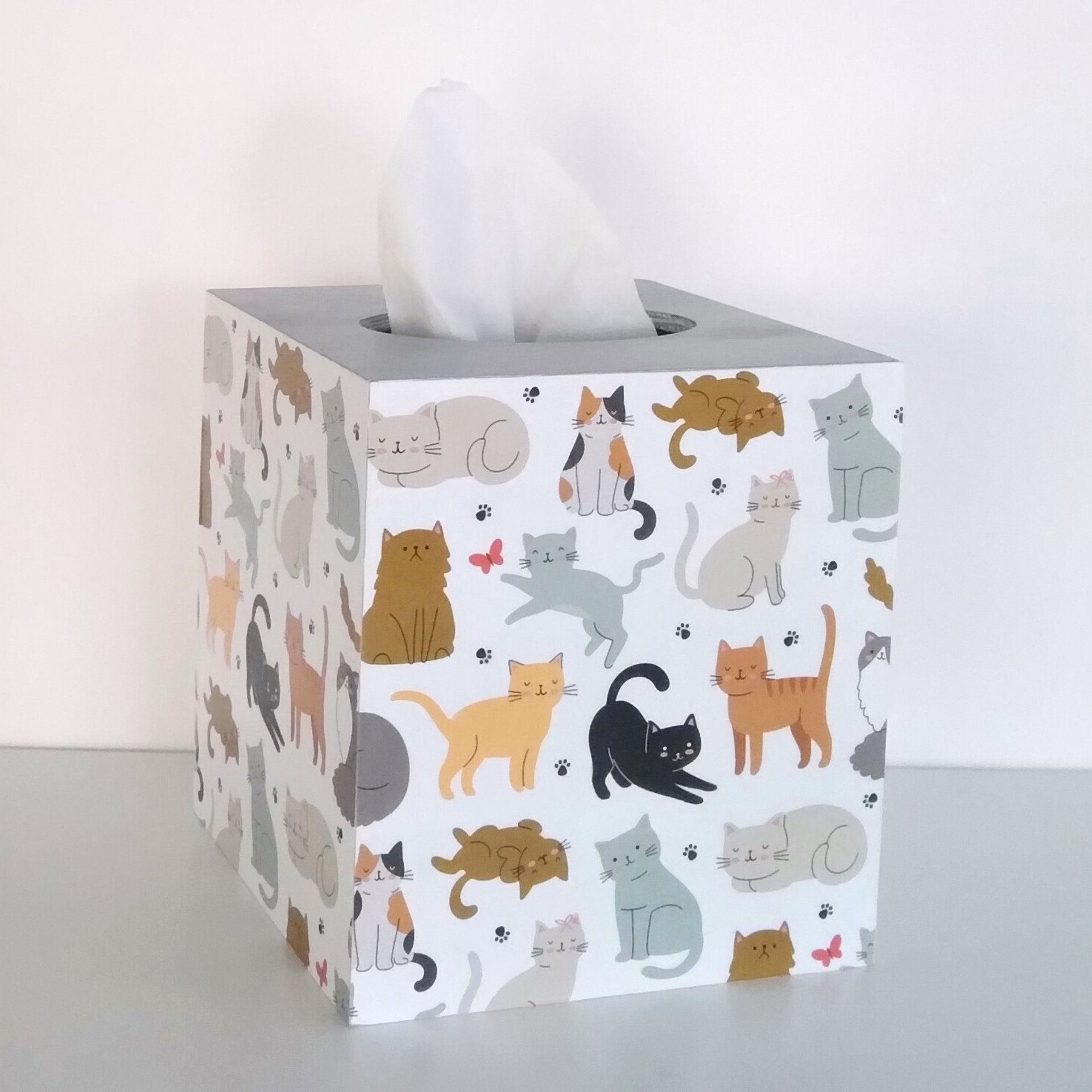 Cat Tissue Box Cover - Decoupage square tissue holder with multi color cats