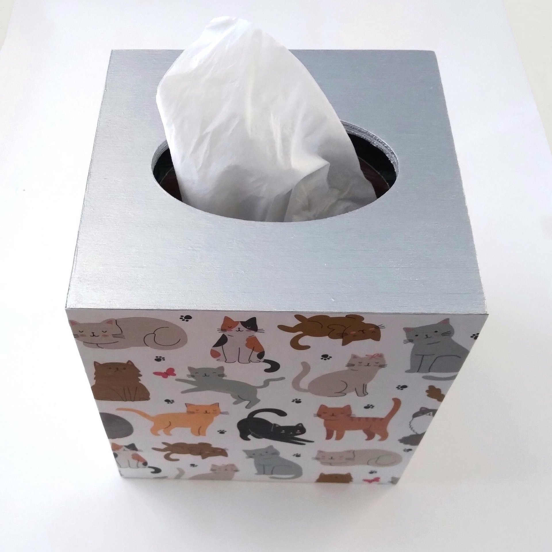 Cat Tissue Box Cover - Decoupage square tissue holder with multi color cats