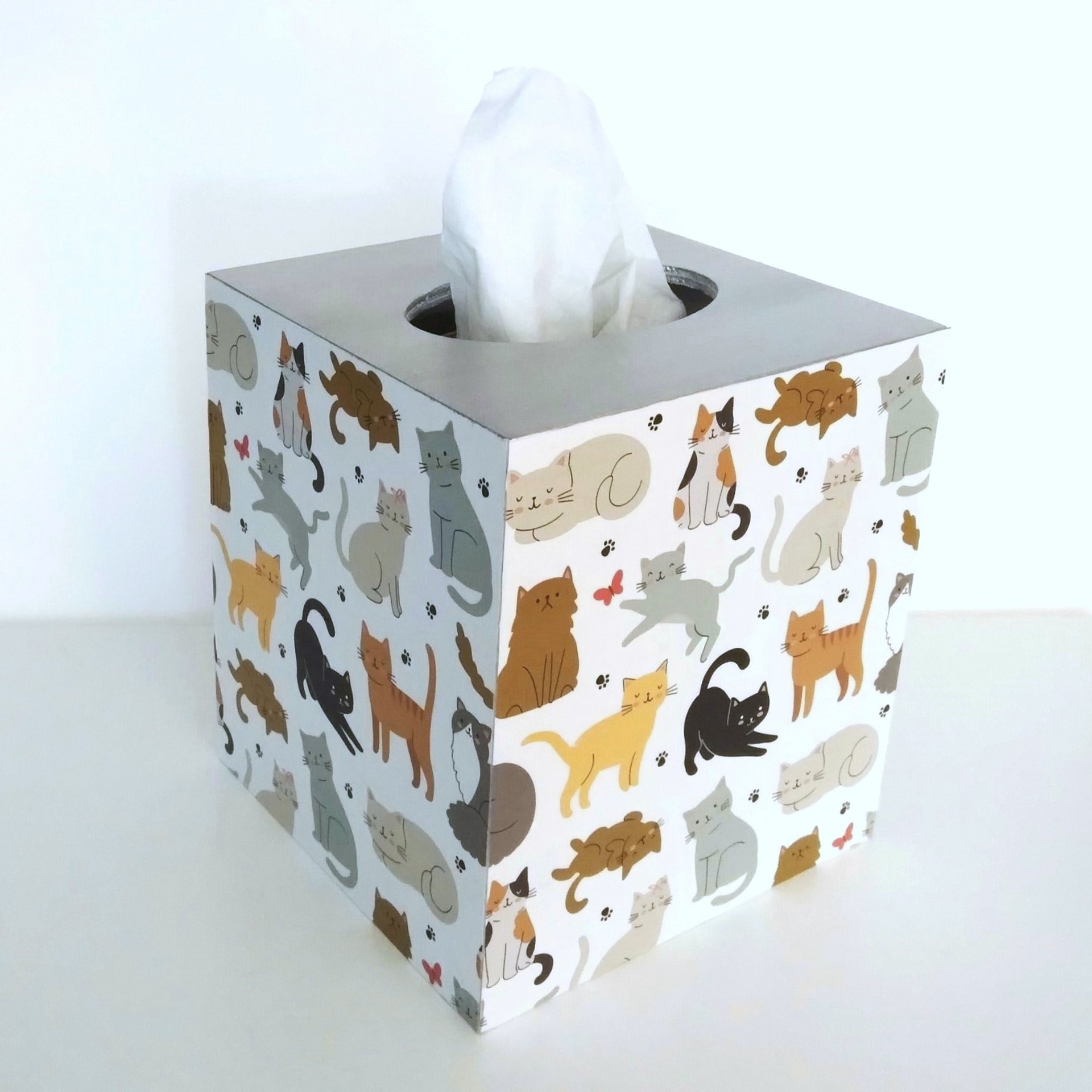 Cat Tissue Box Cover - Decoupage square tissue holder with multi color cats