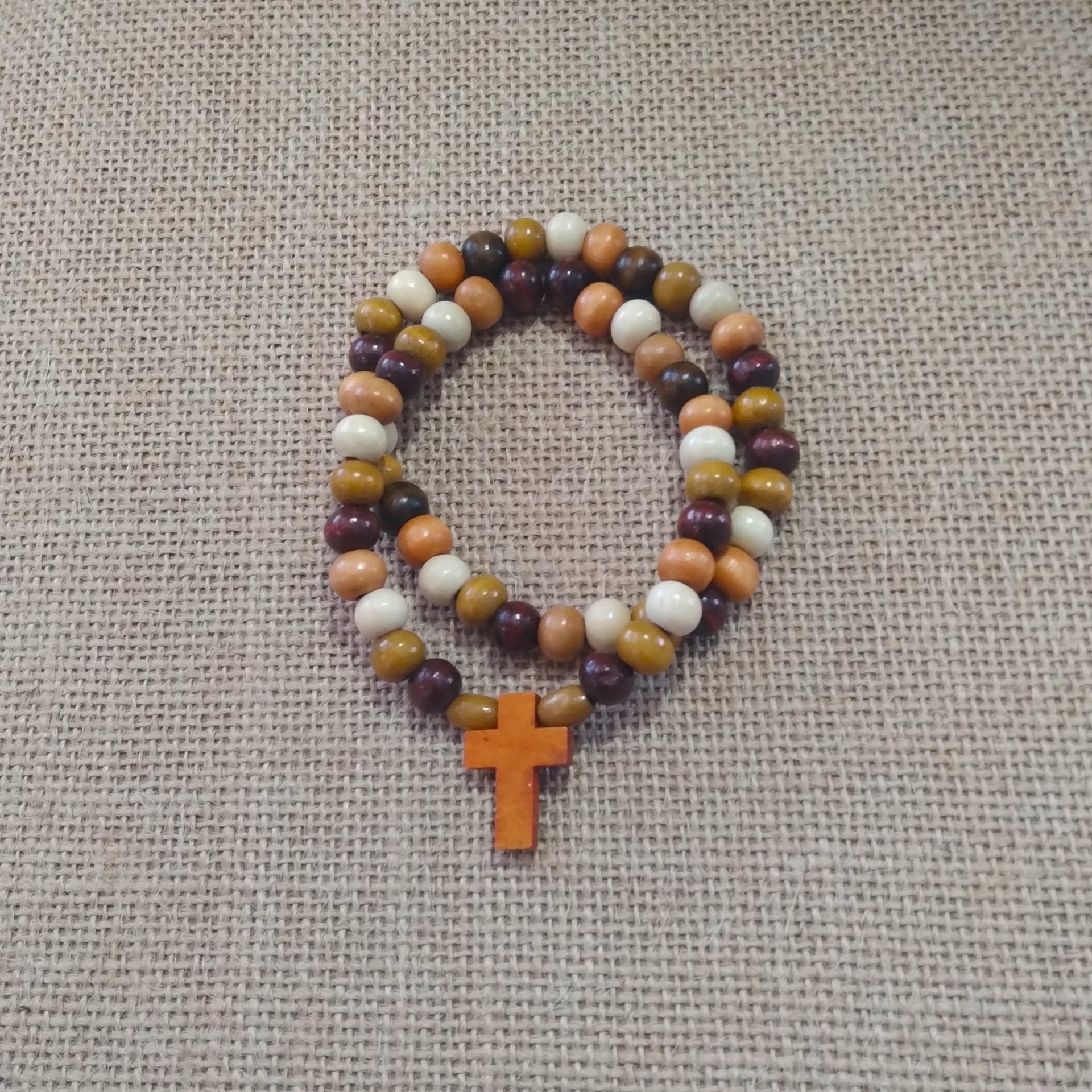 Wood Beaded Cross Bracelet Set- Earthtone, stacked, boho style stretch bracelet with 7mm beads