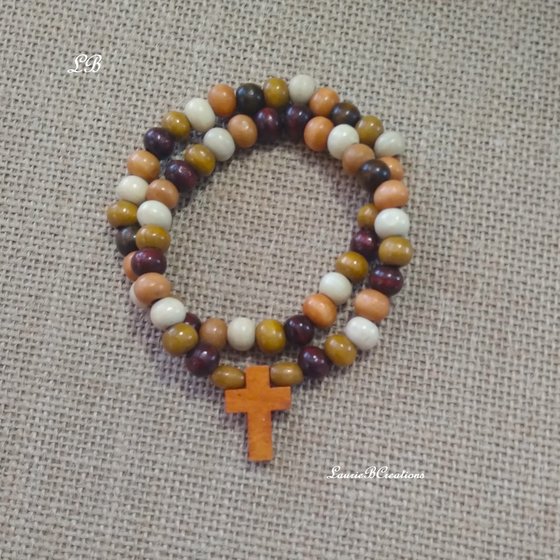 Wood Beaded Cross Bracelet Set- Earthtone, stacked, boho style stretch bracelet with 7mm beads