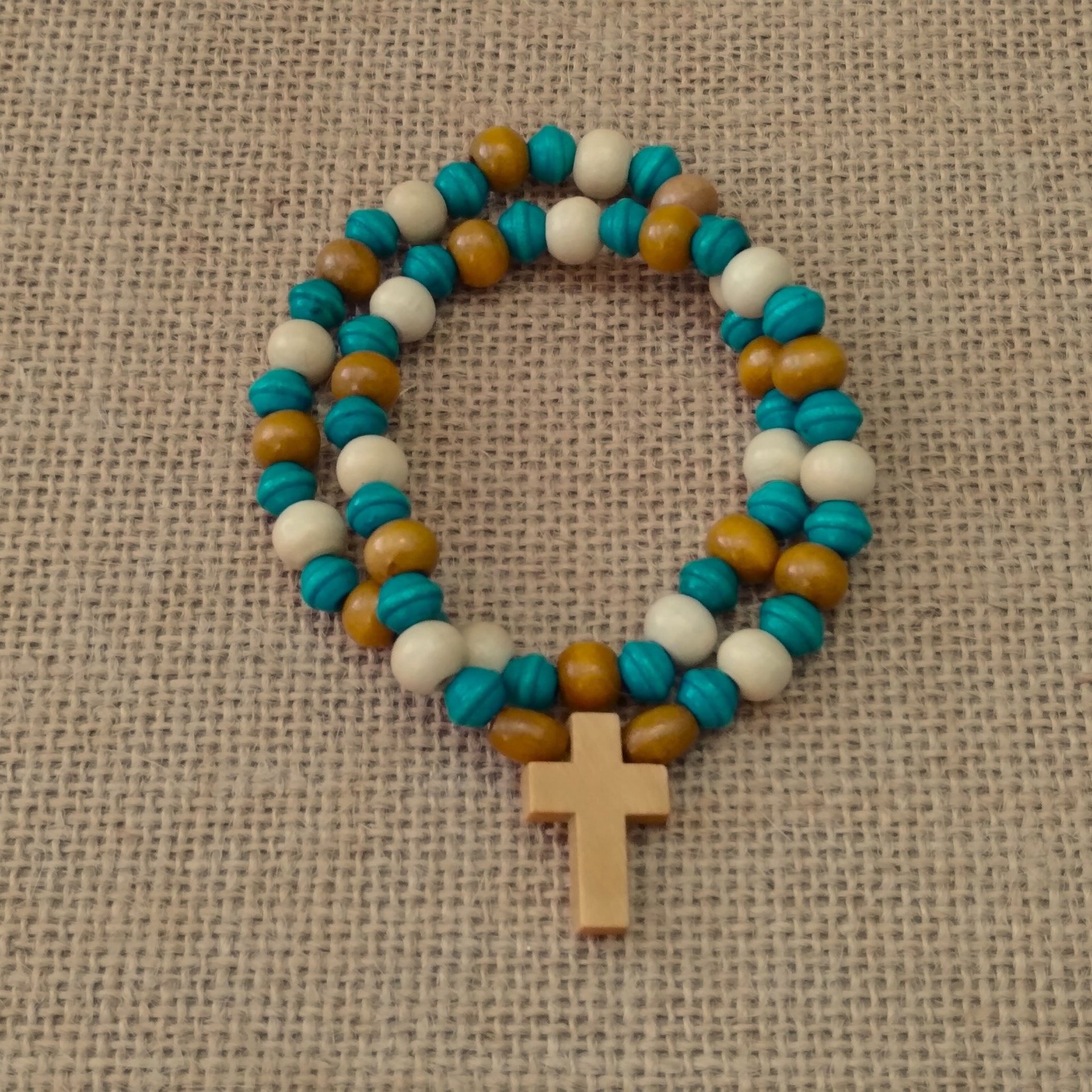 Wood Beaded Cross Bracelet Set- Natural, cream & turquoise/teal, boho style stretch bracelet with 7mm beads, stackable