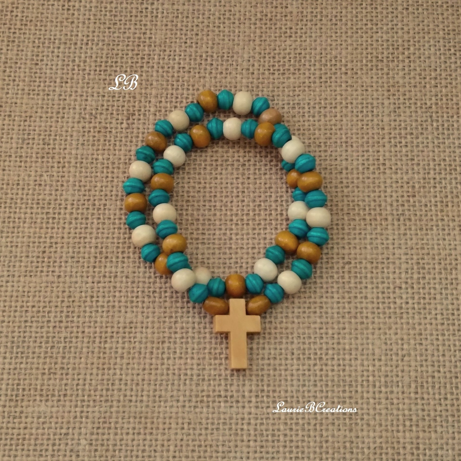 Wood Beaded Cross Bracelet Set- Natural, cream & turquoise/teal, boho style stretch bracelet with 7mm beads, stackable