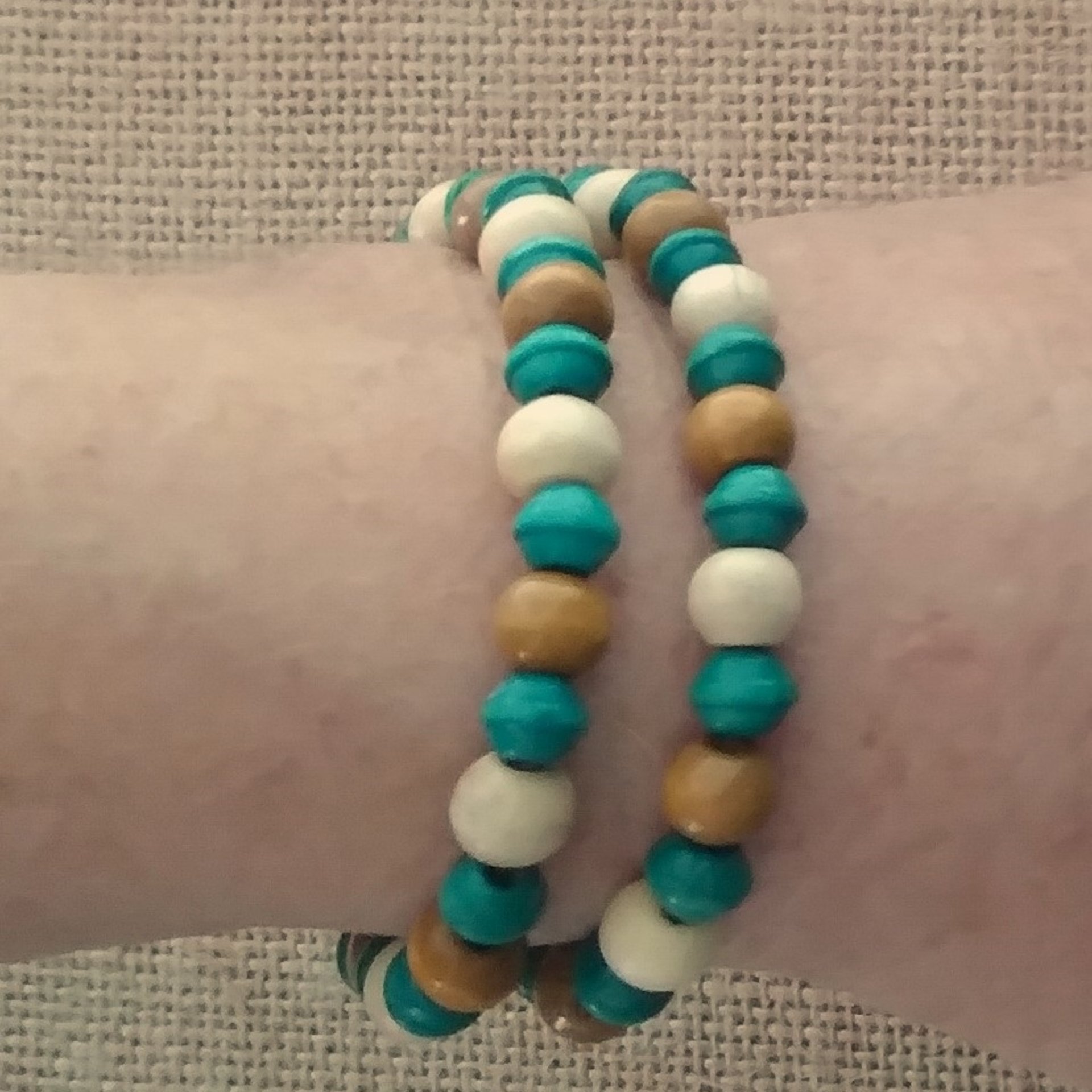 Wood Beaded Cross Bracelet Set- Natural, cream & turquoise/teal, boho style stretch bracelet with 7mm beads, stackable