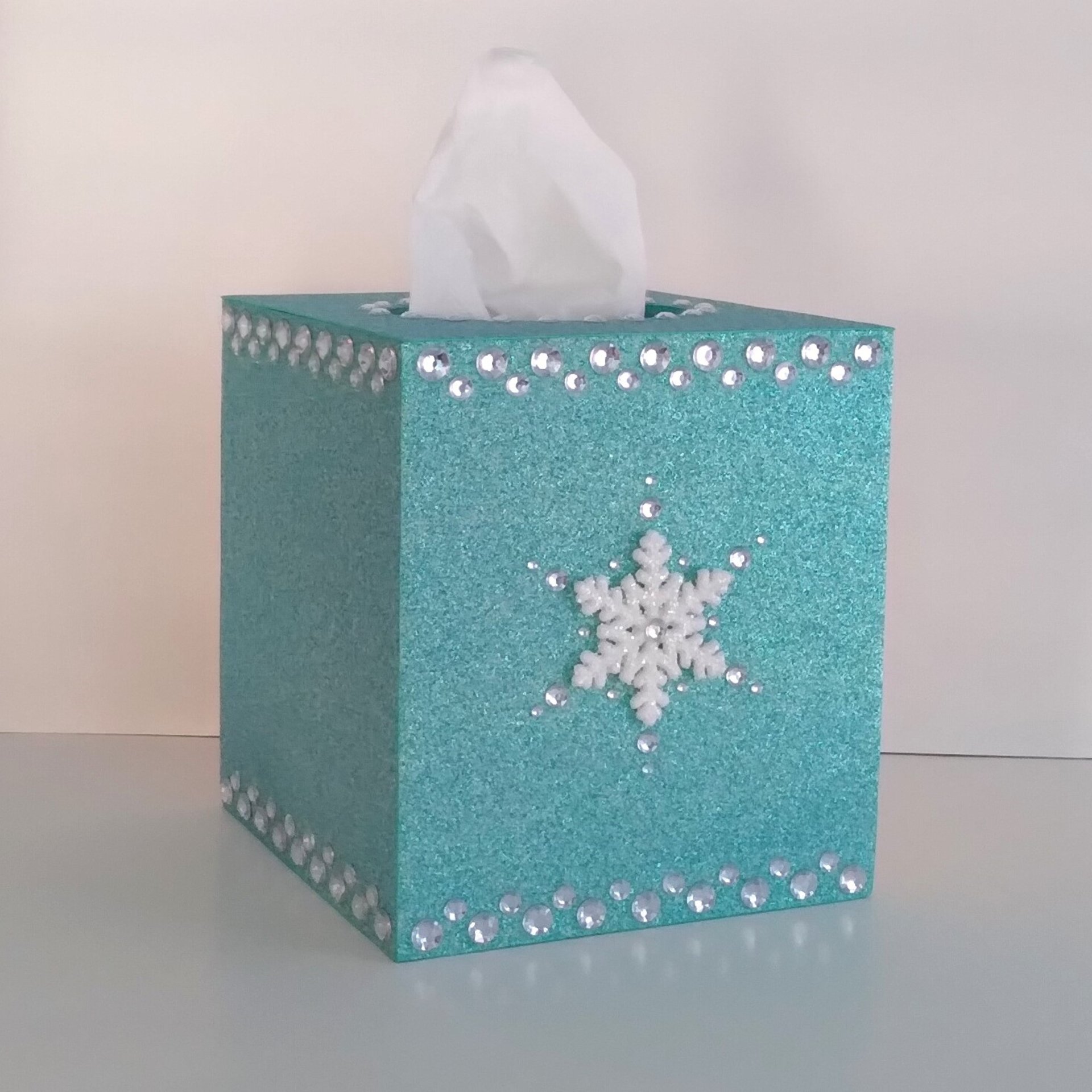 Glitter & Bling Snowflake Tissue Box Cover - Sparkling square tissue holder w/ fine glitter and clear rhinestones