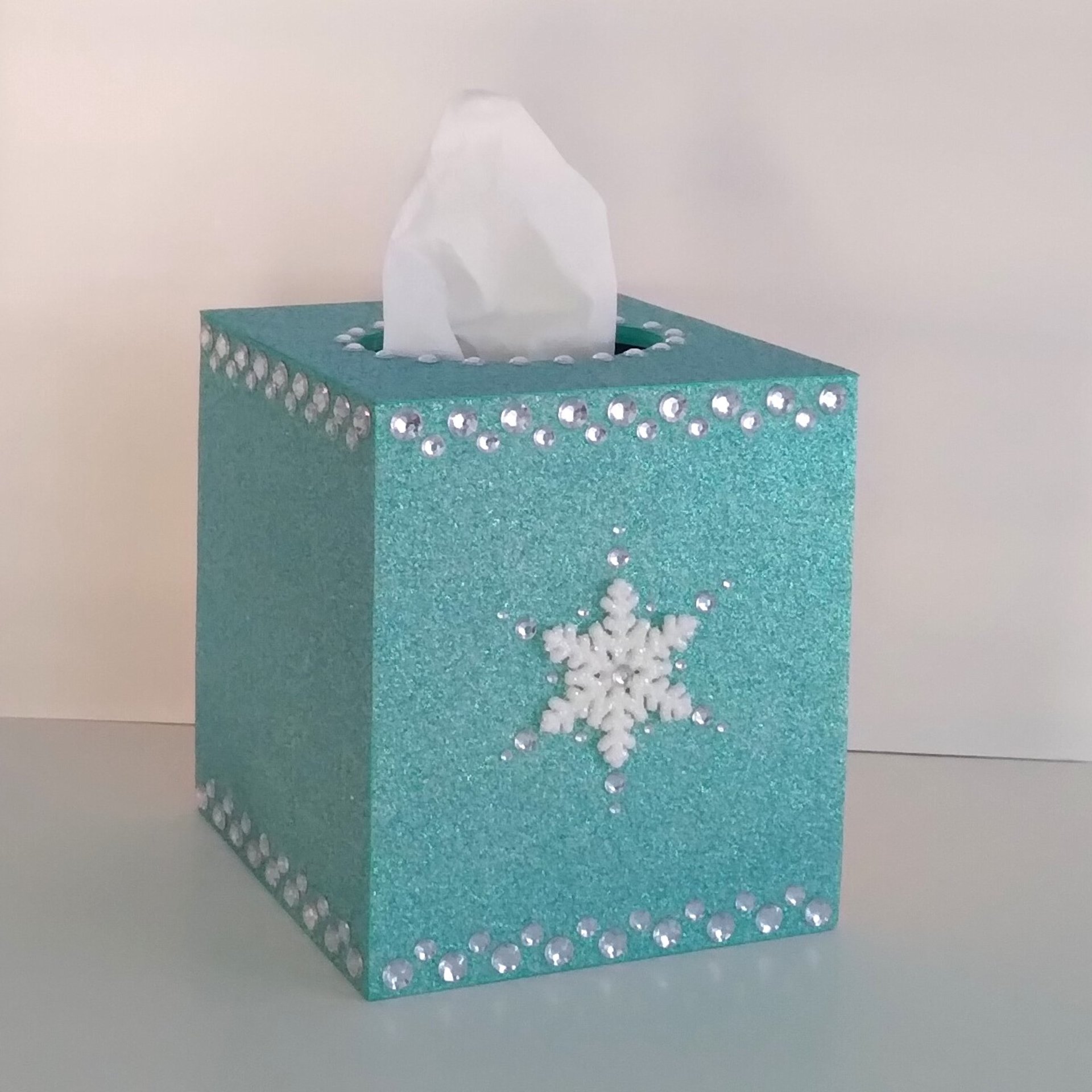 Glitter & Bling Snowflake Tissue Box Cover - Sparkling square tissue holder w/ fine glitter and clear rhinestones