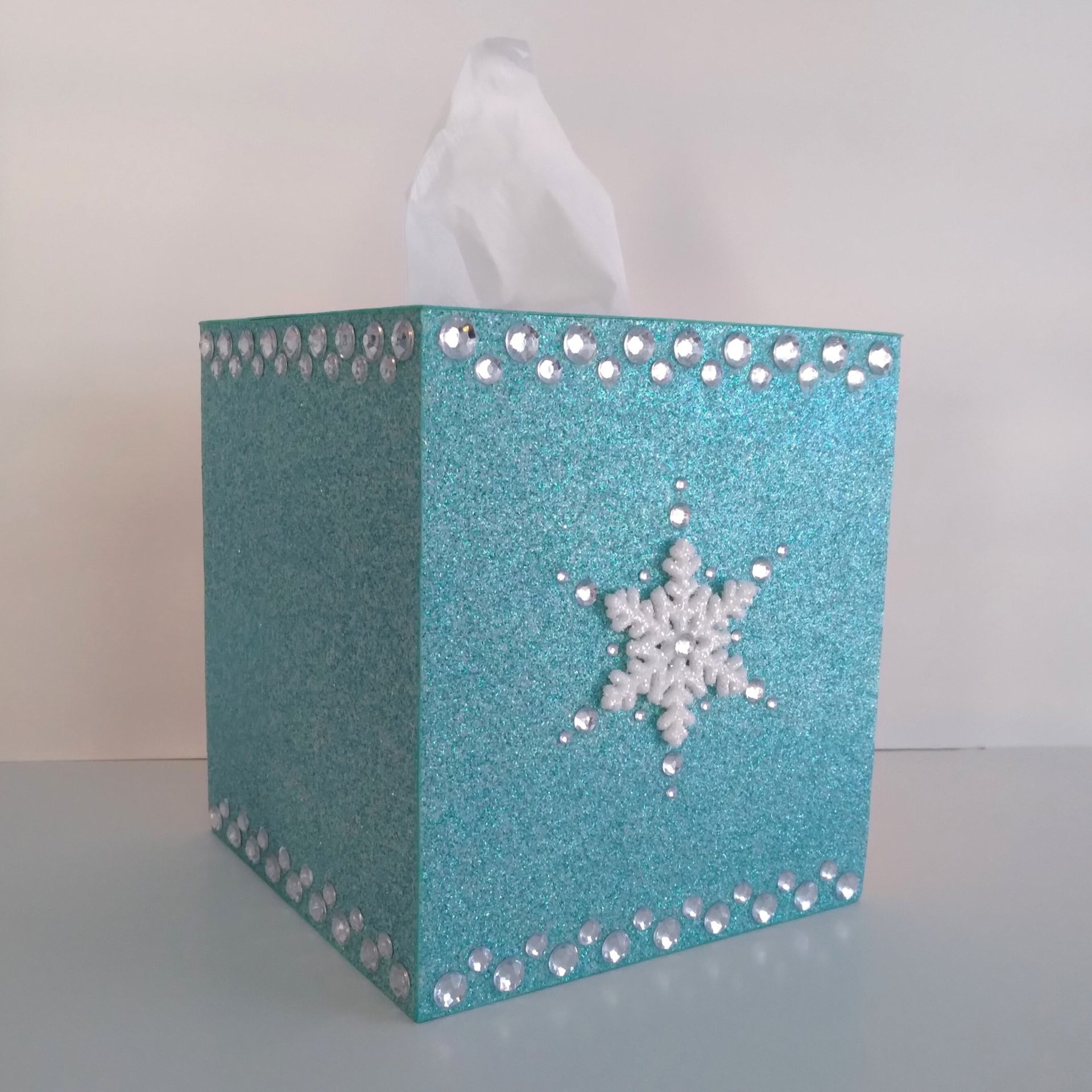 Glitter & Bling Snowflake Tissue Box Cover - Sparkling square tissue holder w/ fine glitter and clear rhinestones