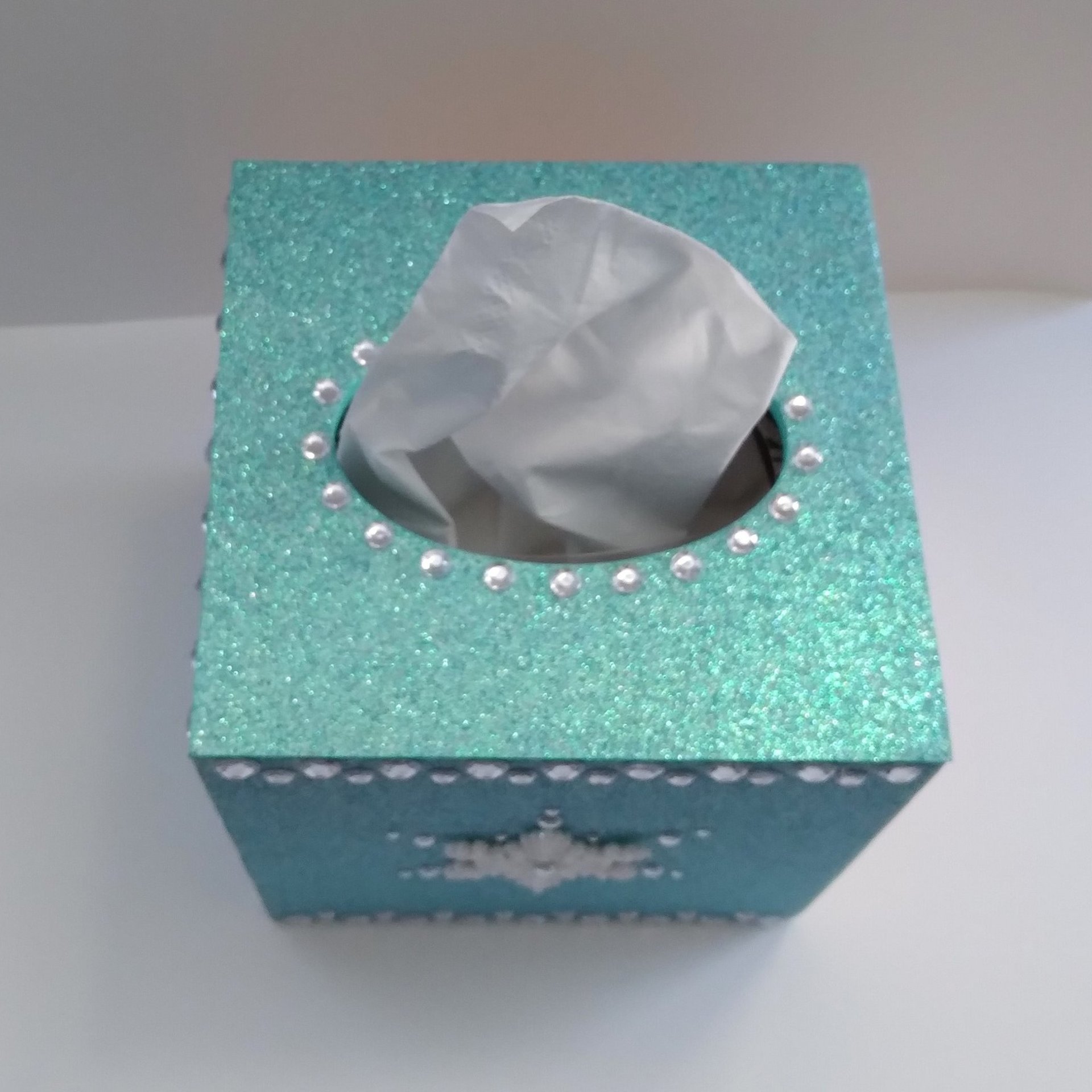 Glitter & Bling Snowflake Tissue Box Cover - Sparkling square tissue holder w/ fine glitter and clear rhinestones