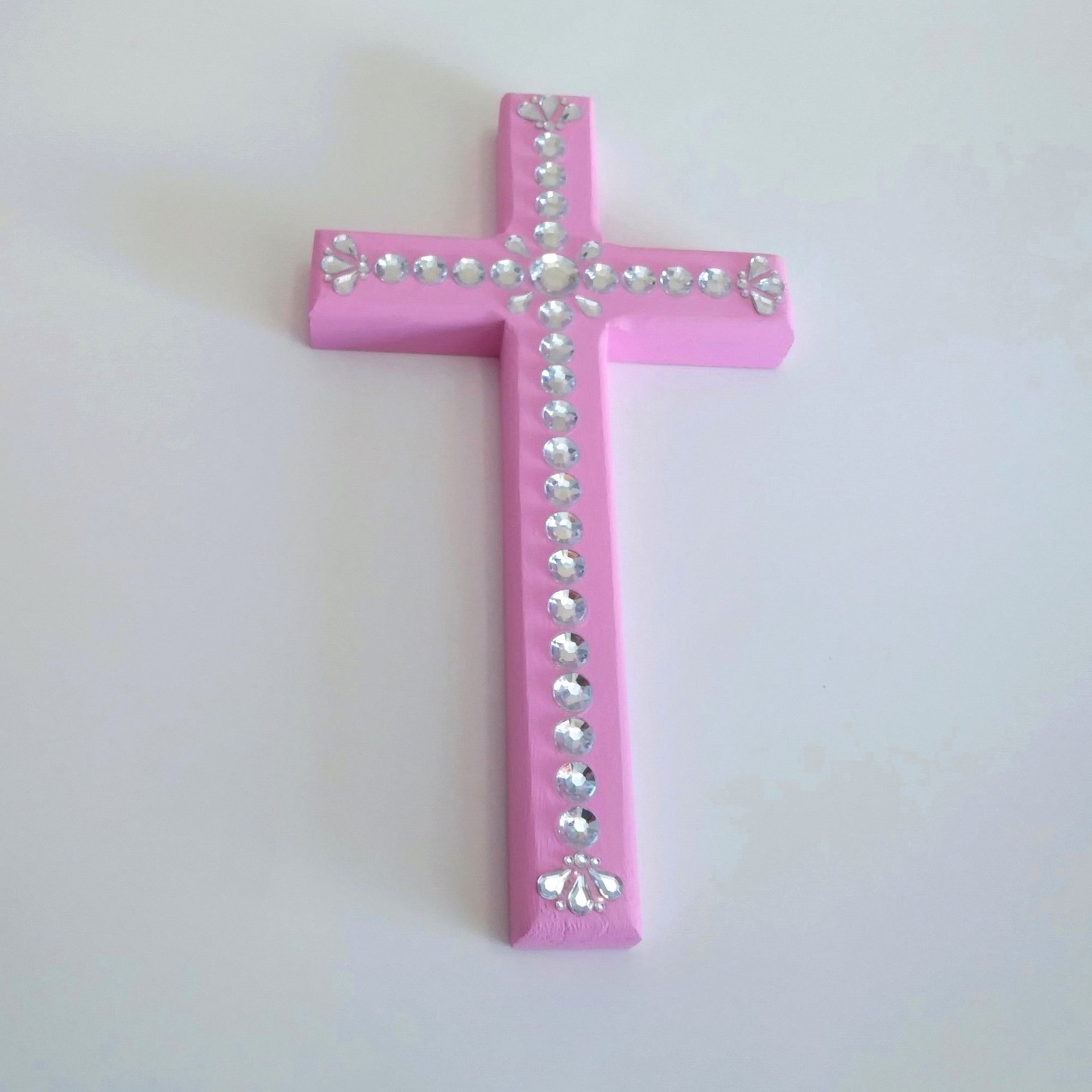 Bling Rhinestone Wall Cross - Handpainted cross with clear round and tear drop shaped rhinestones- 8" x 4.5"