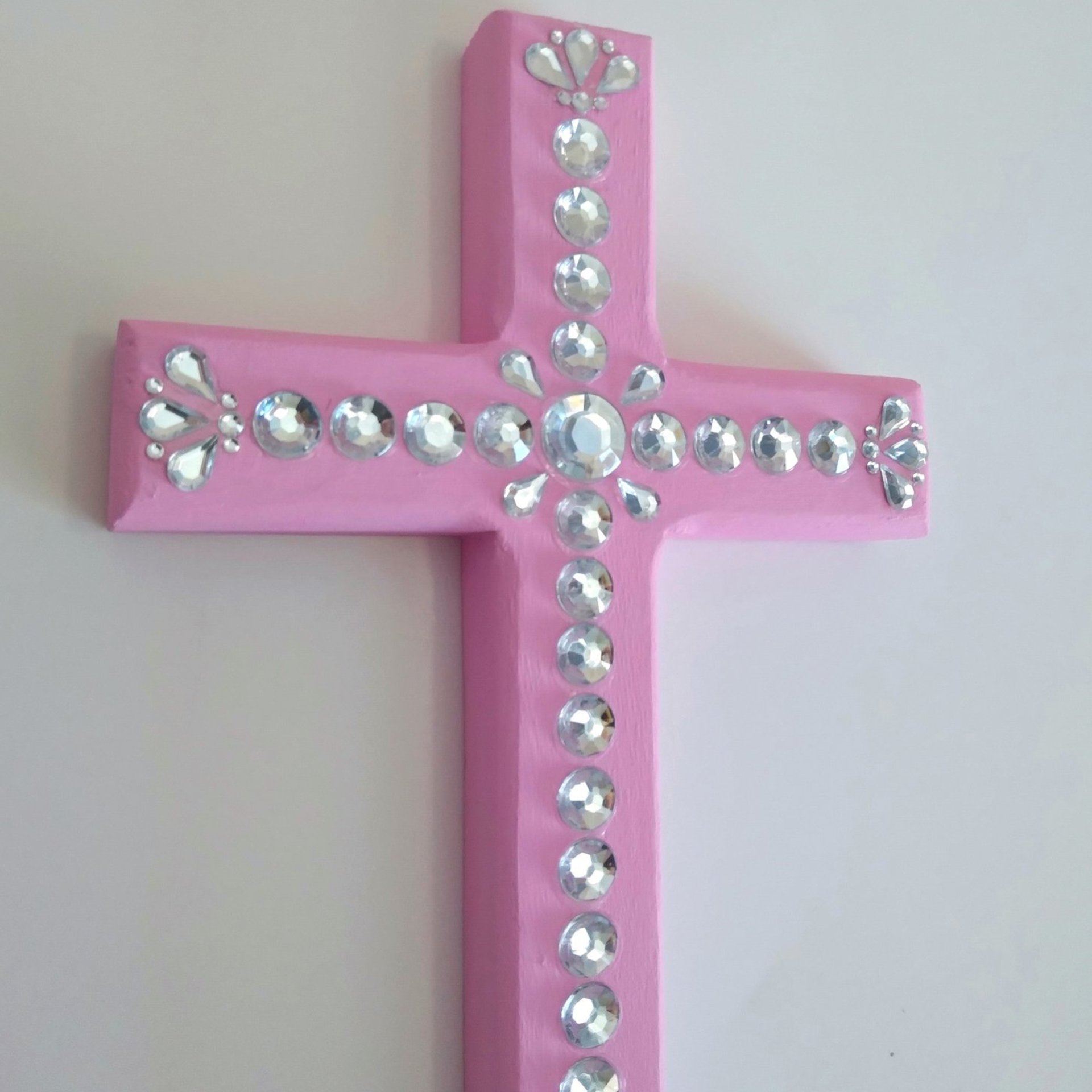 Bling Rhinestone Wall Cross - Handpainted cross with clear round and tear drop shaped rhinestones- 8" x 4.5"