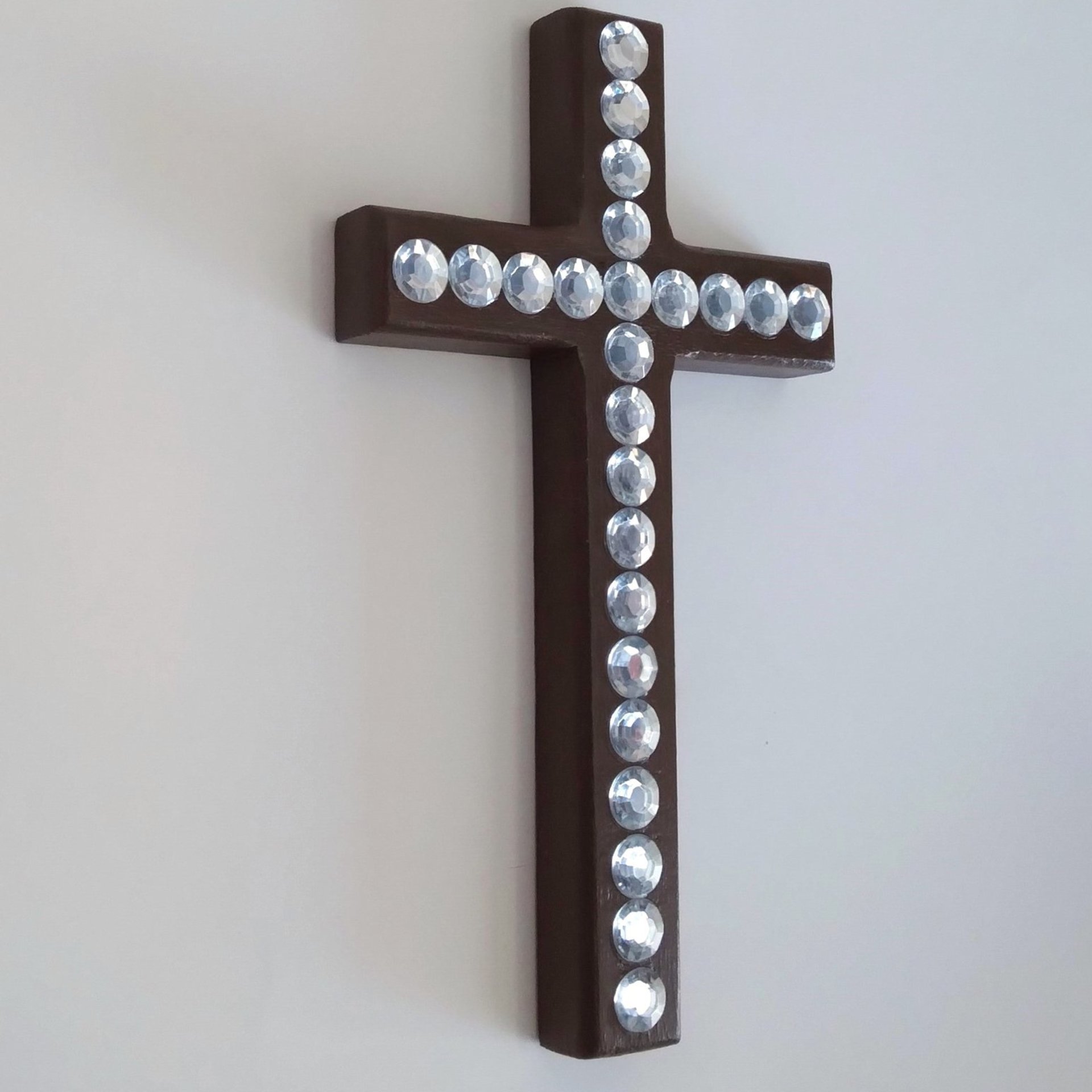 Rhinestone Wall Cross - Handpainted sparkling bling cross with large clear rhinestones - 8" x 4.5" 