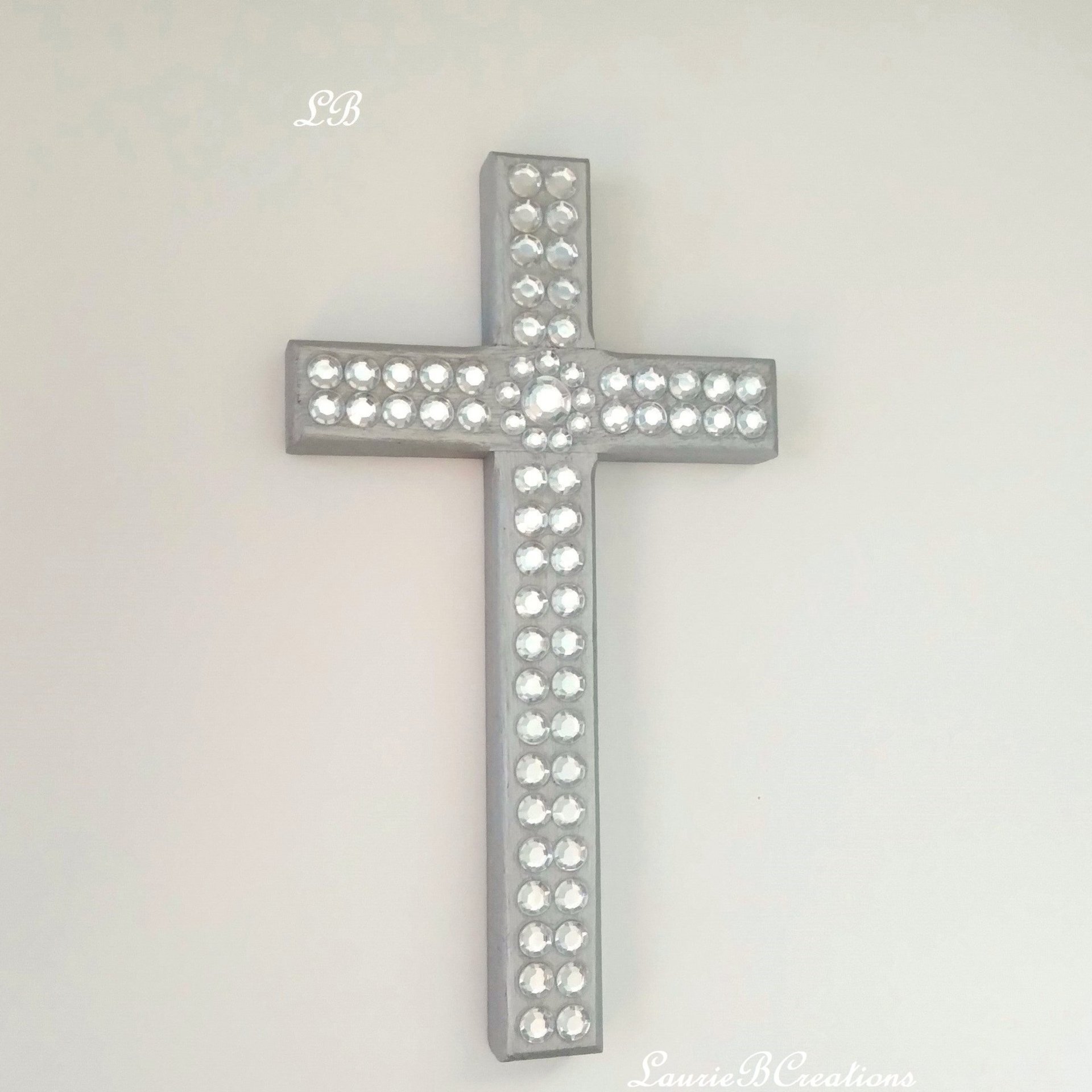 Silver & Bling Cross - Handpainted Wall Cross w/Clear Rhinestones and Circular Center, 8" x 4.5"- ready to ship sale