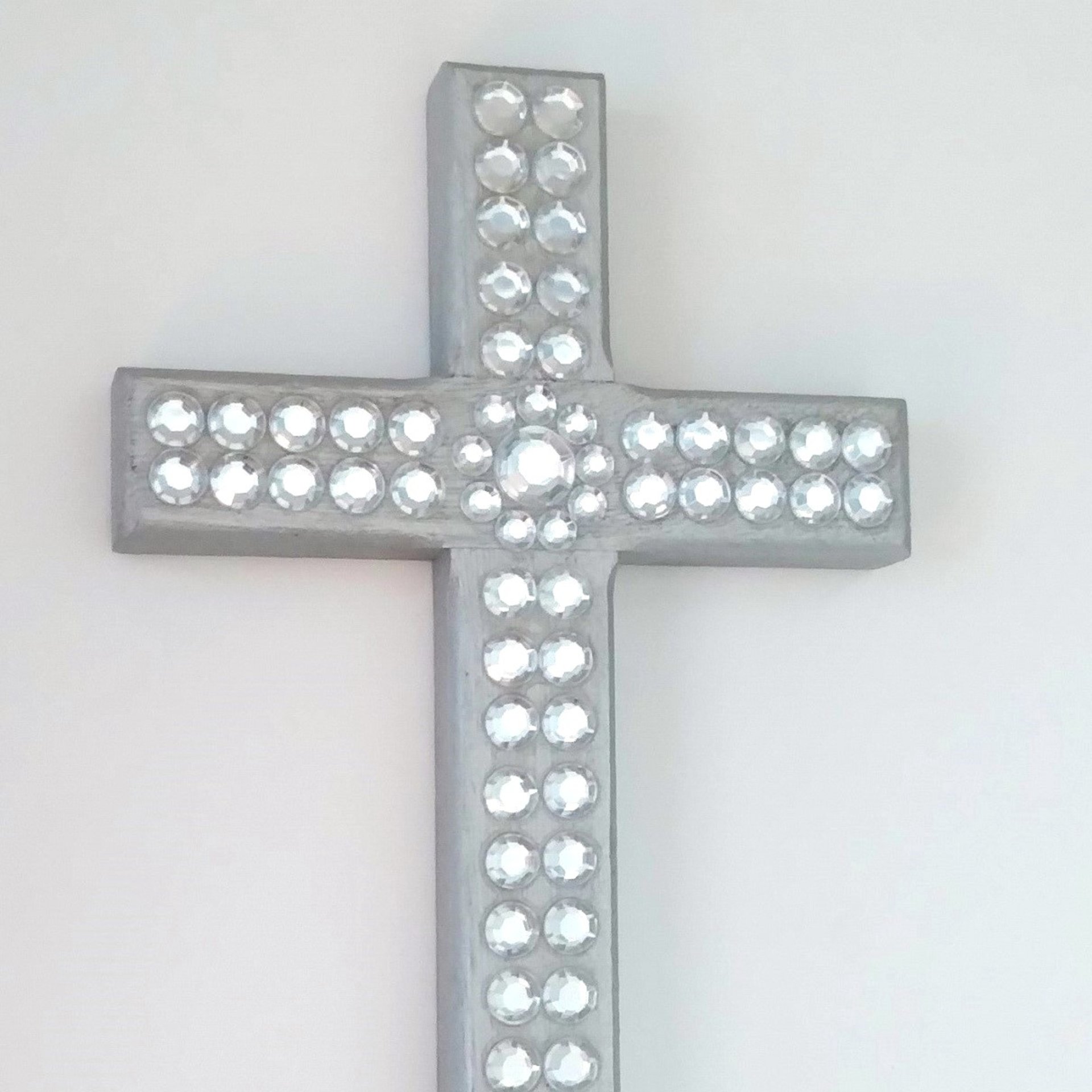 Silver & Bling Cross - Handpainted Wall Cross w/Clear Rhinestones and Circular Center, 8" x 4.5"- ready to ship sale