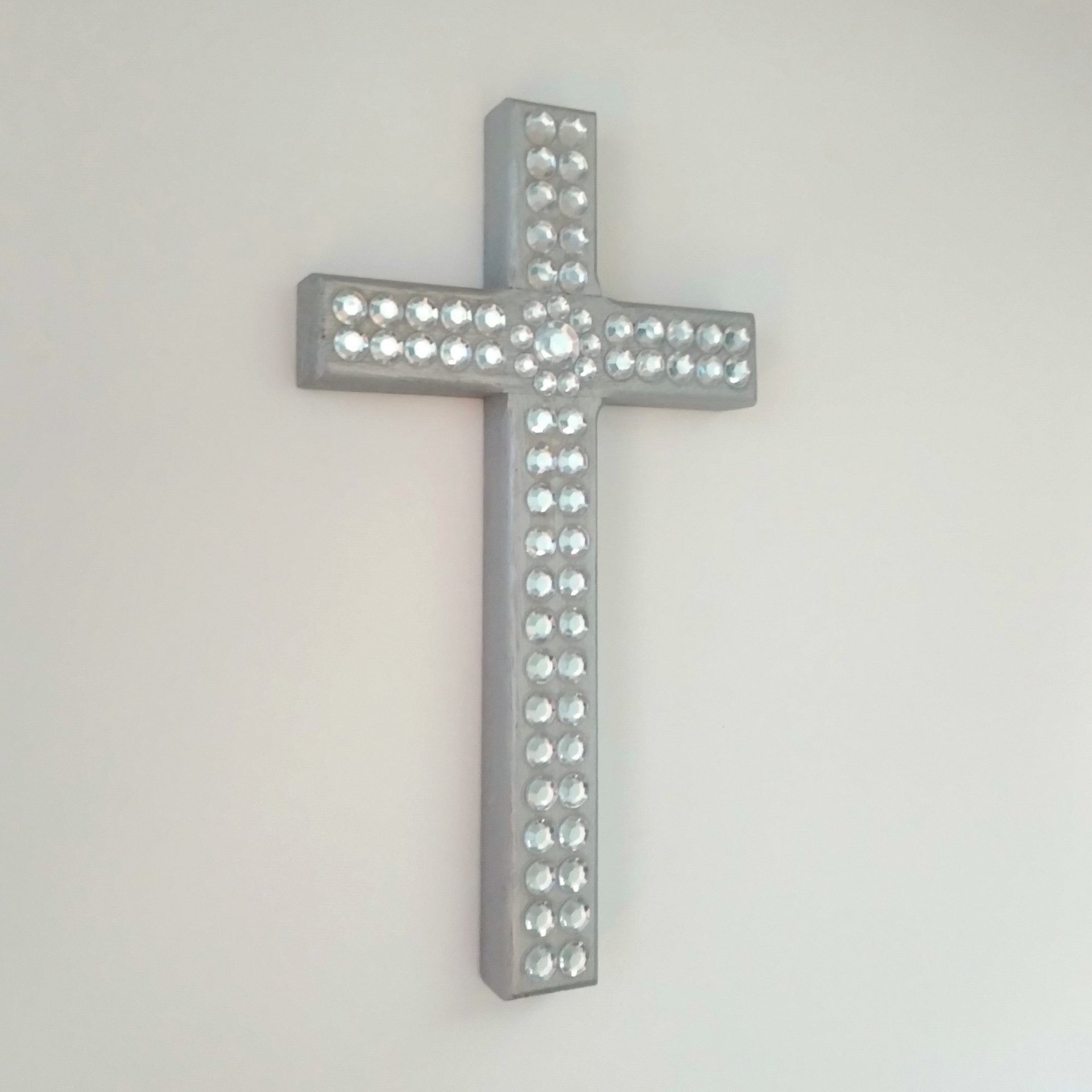 Silver & Bling Cross - Handpainted Wall Cross w/Clear Rhinestones and Circular Center, 8" x 4.5"- ready to ship sale