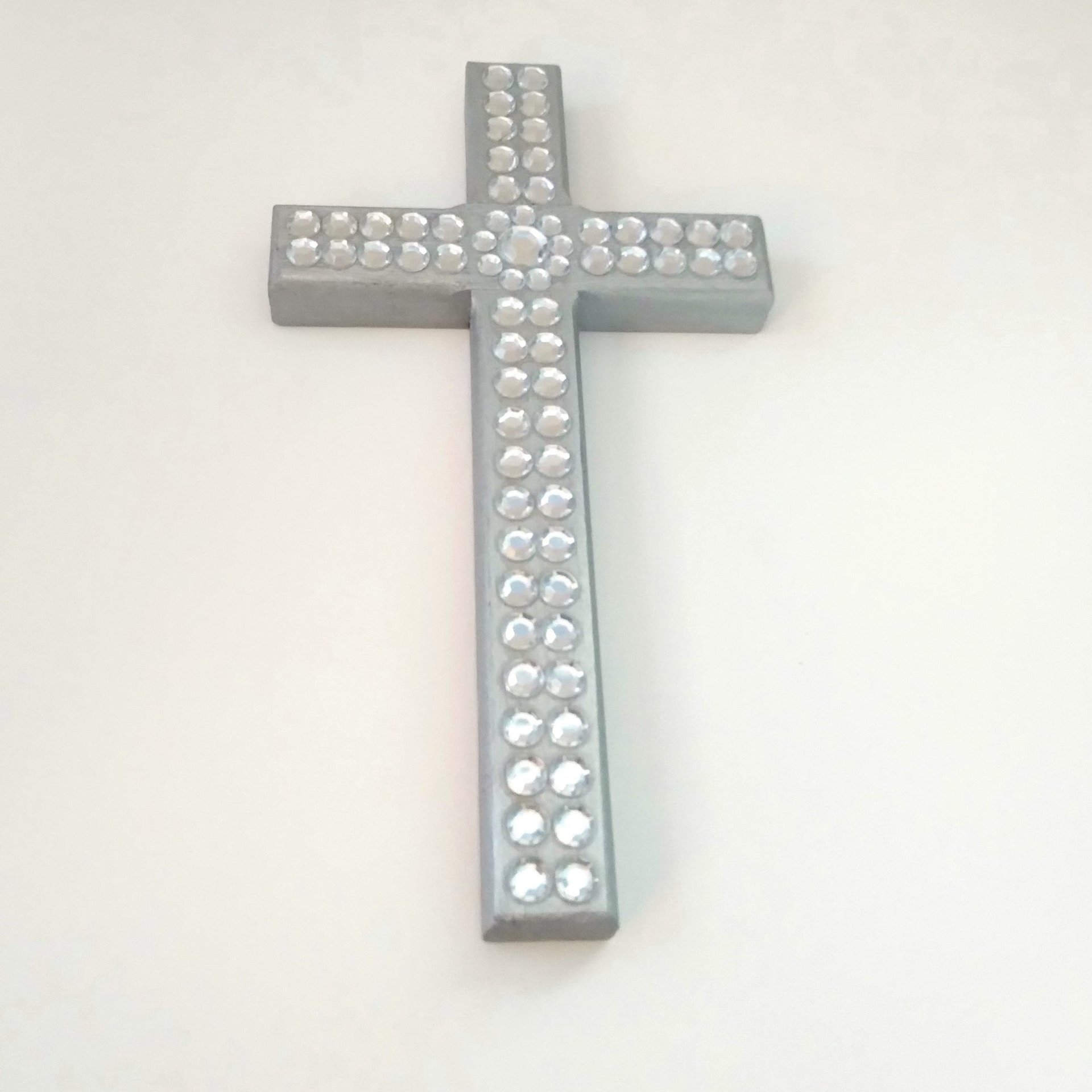 Silver & Bling Cross - Handpainted Wall Cross w/Clear Rhinestones and Circular Center, 8" x 4.5"- ready to ship sale