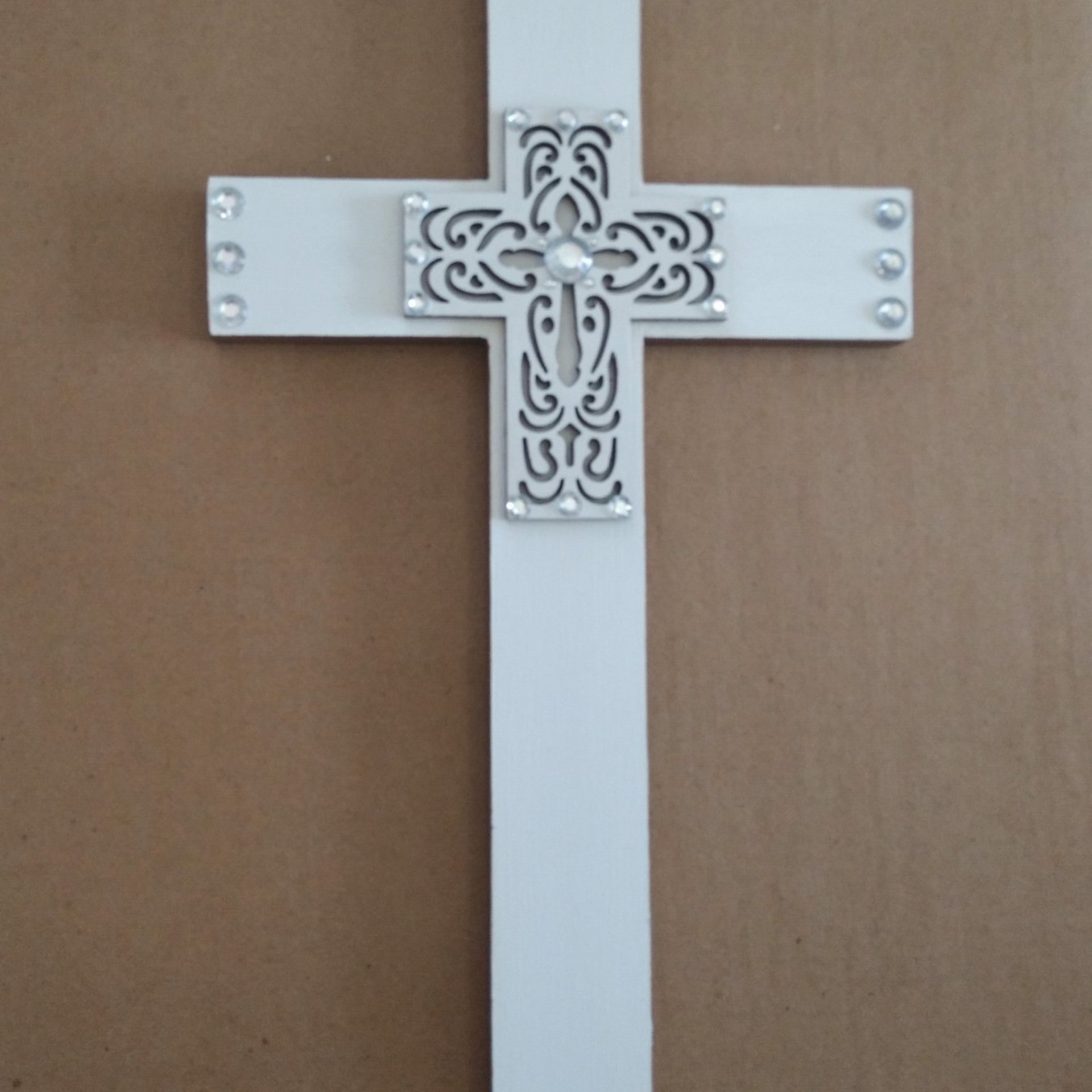 Bling Laser Cut Cross - Handpainted white and light brown w/clear rhinestones - 12" - ready to ship sale
