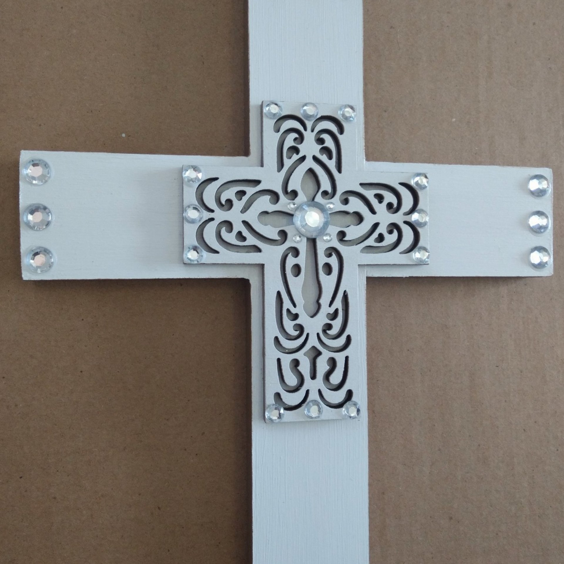 Bling Laser Cut Cross - Handpainted white and light brown w/clear rhinestones - 12" - ready to ship sale