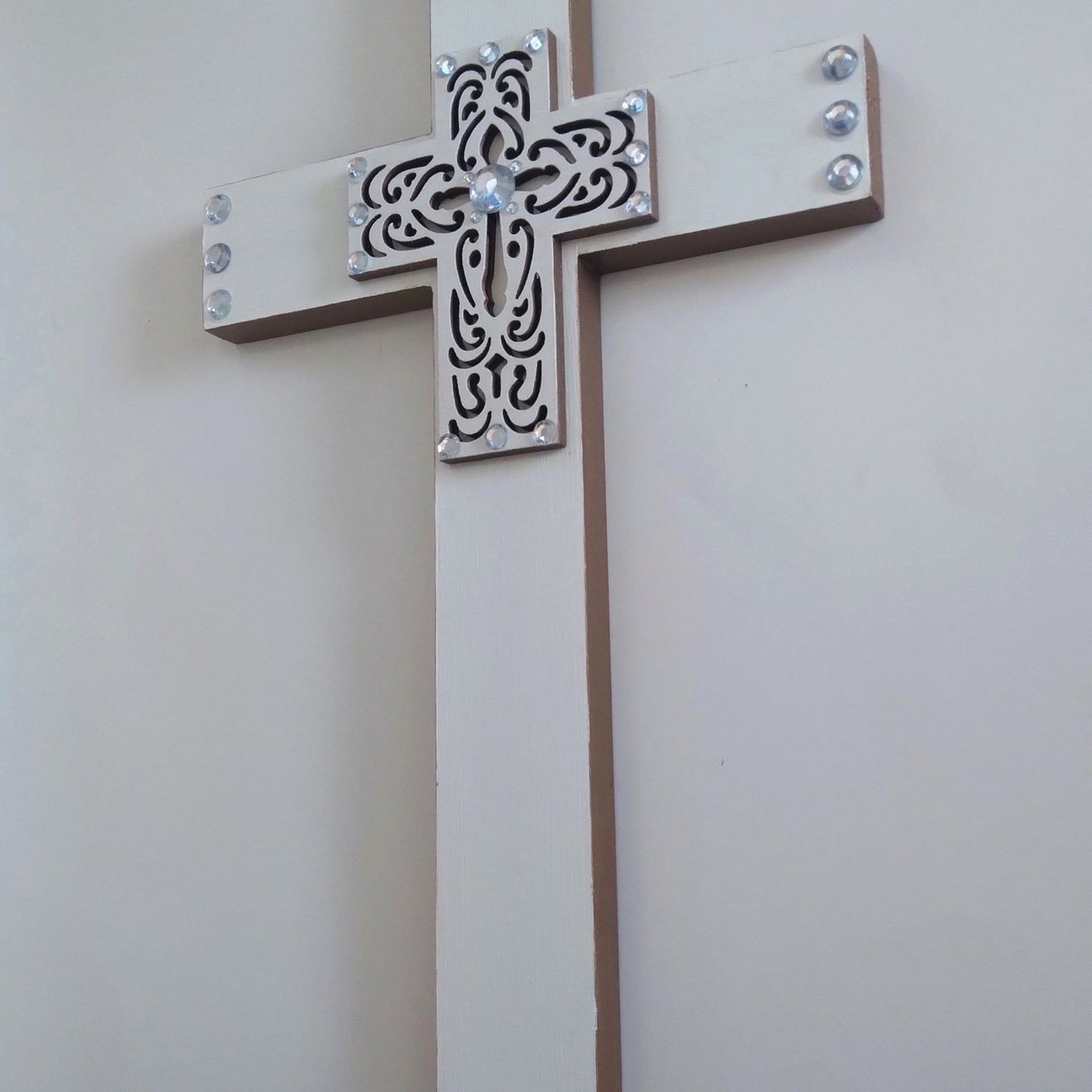 Bling Laser Cut Cross - Handpainted white and light brown w/clear rhinestones - 12" - ready to ship sale