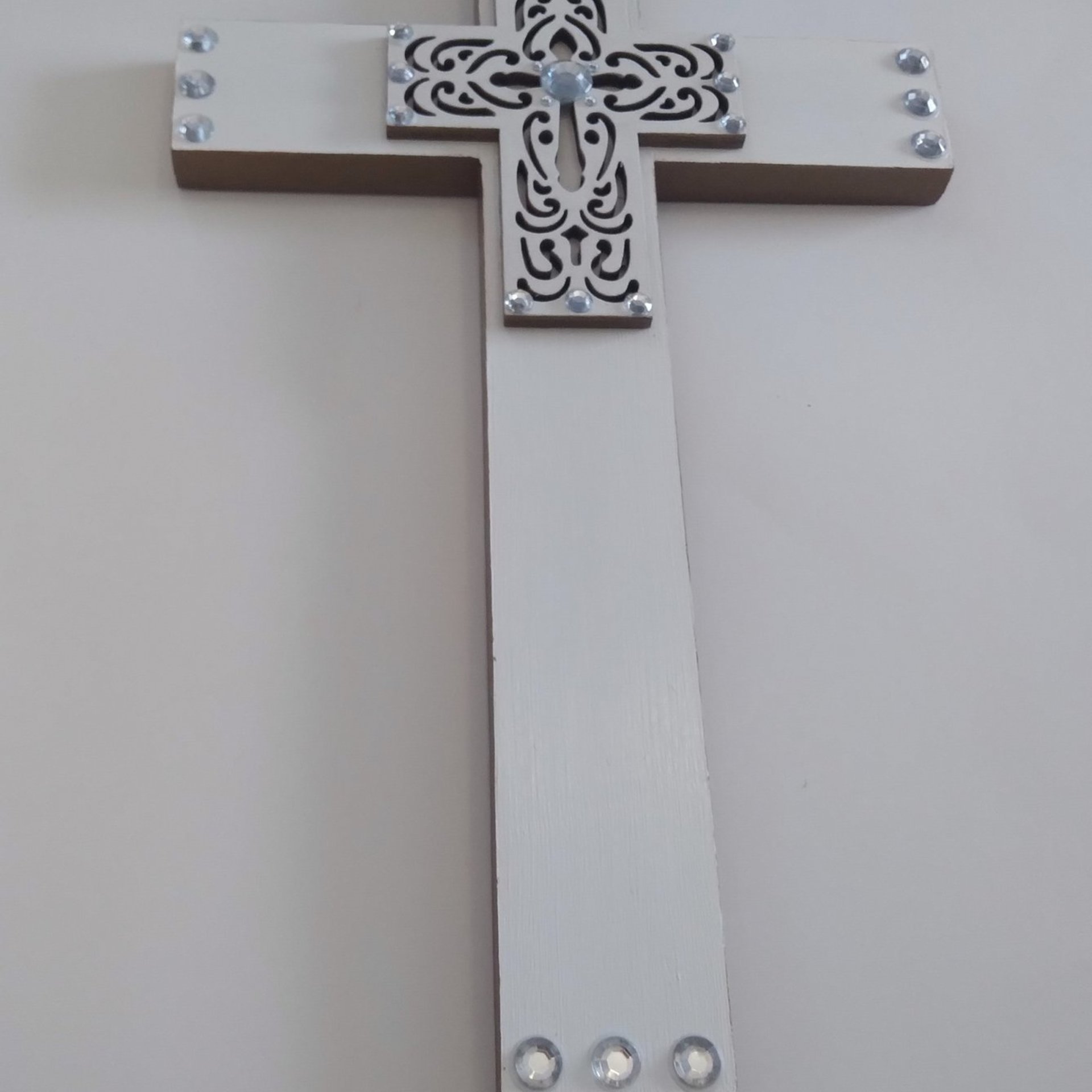 Bling Laser Cut Cross - Handpainted white and light brown w/clear rhinestones - 12" - ready to ship sale