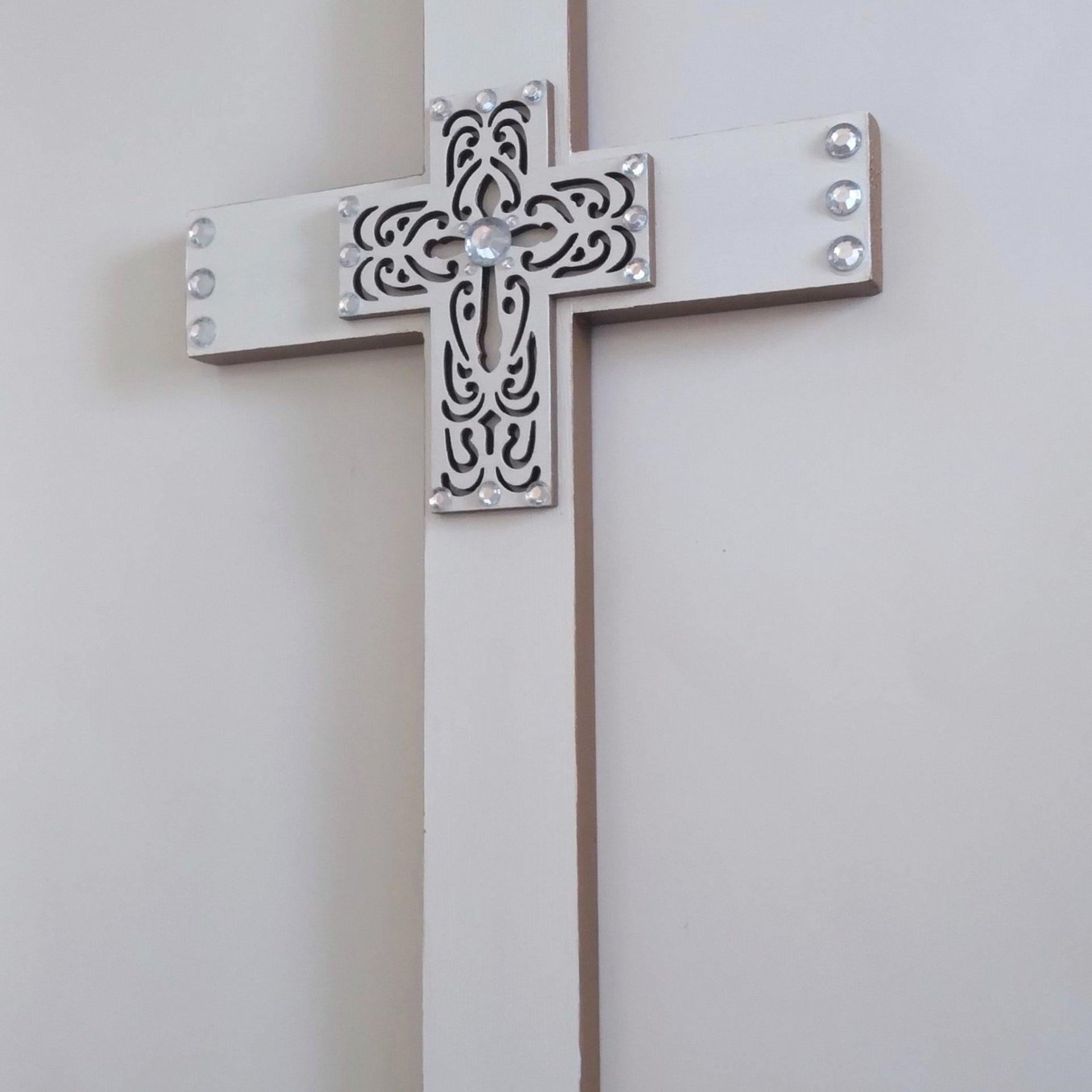 Bling Laser Cut Cross - Handpainted white and light brown w/clear rhinestones - 12" - ready to ship sale