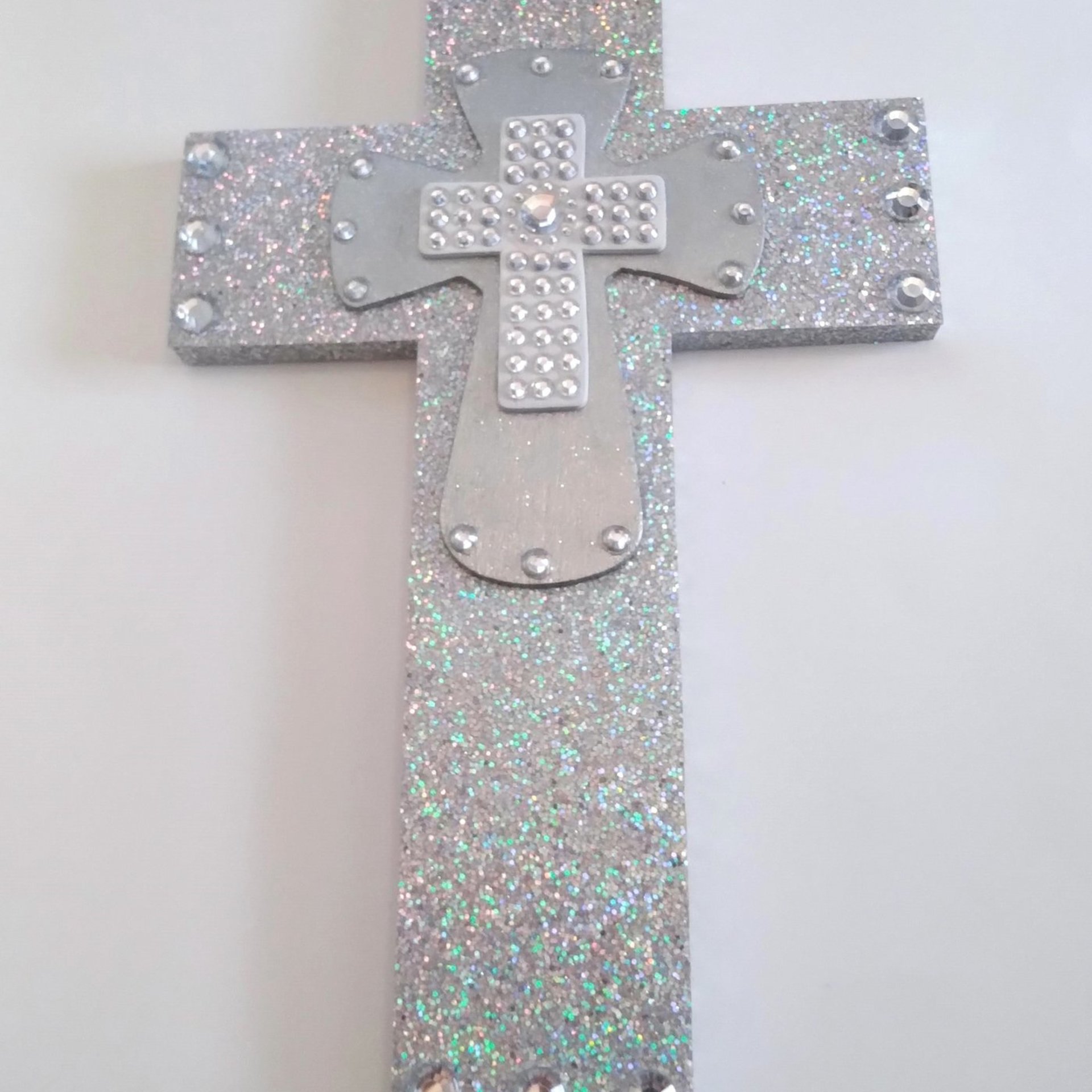 Silver Glitter & Bling Wall Cross - Sparkling silver prisma glitter w/rhinestone center crosses - 12.5 x 8"-ready to ship sale