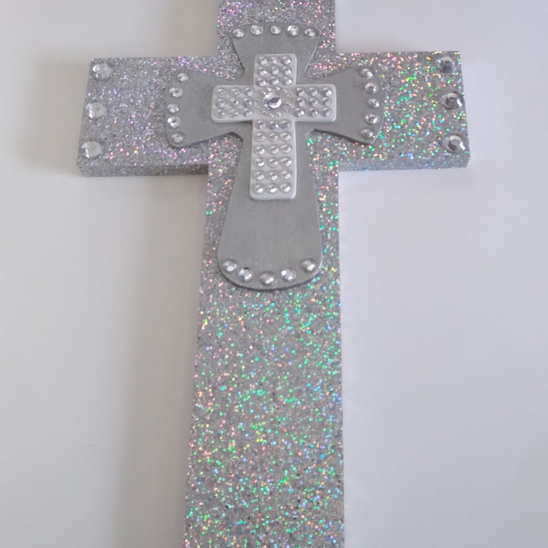 Silver Glitter & Bling Wall Cross - Sparkling silver prisma glitter w/rhinestone center crosses - 12.5 x 8"-ready to ship sale