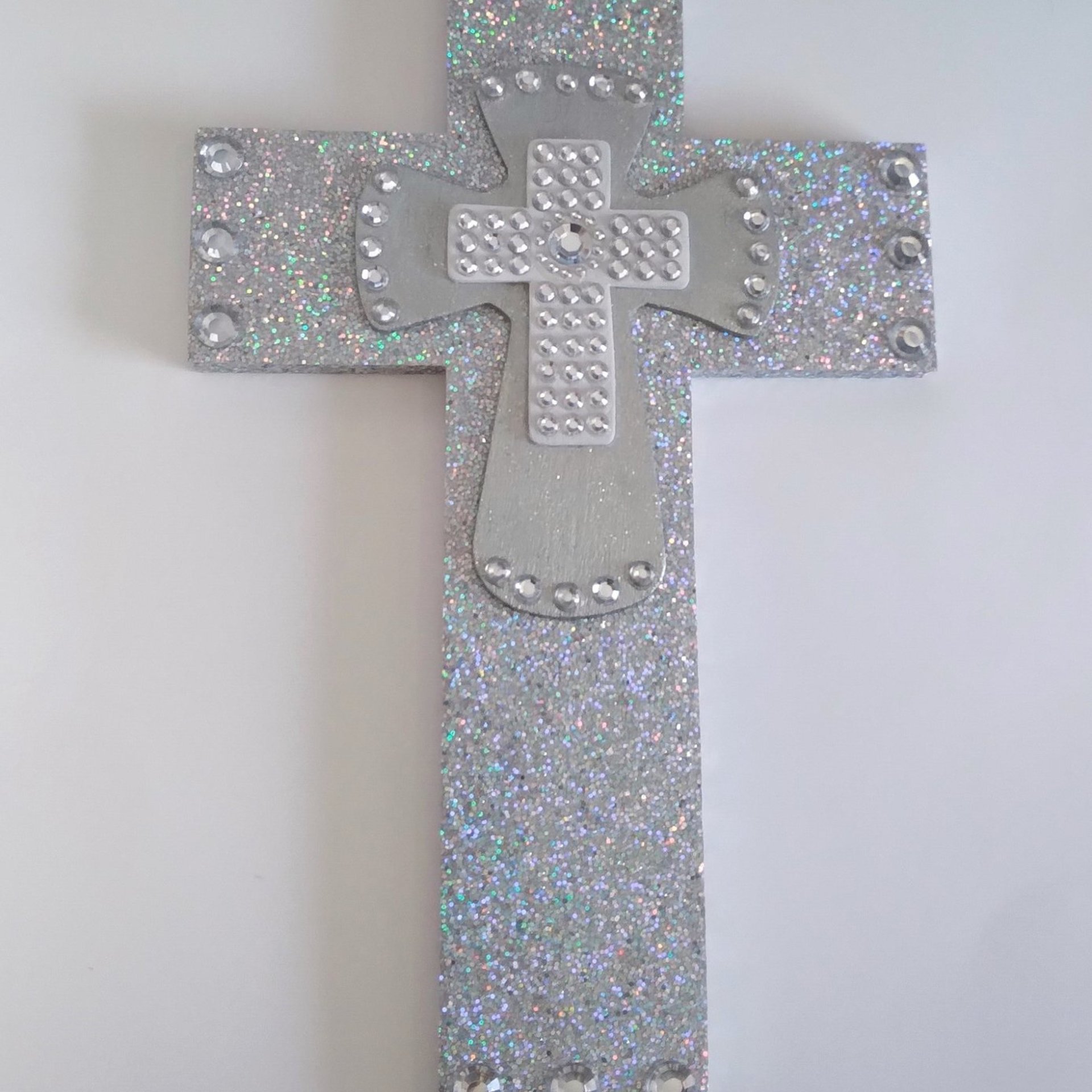 Silver Glitter & Bling Wall Cross - Sparkling silver prisma glitter w/rhinestone center crosses - 12.5 x 8"-ready to ship sale