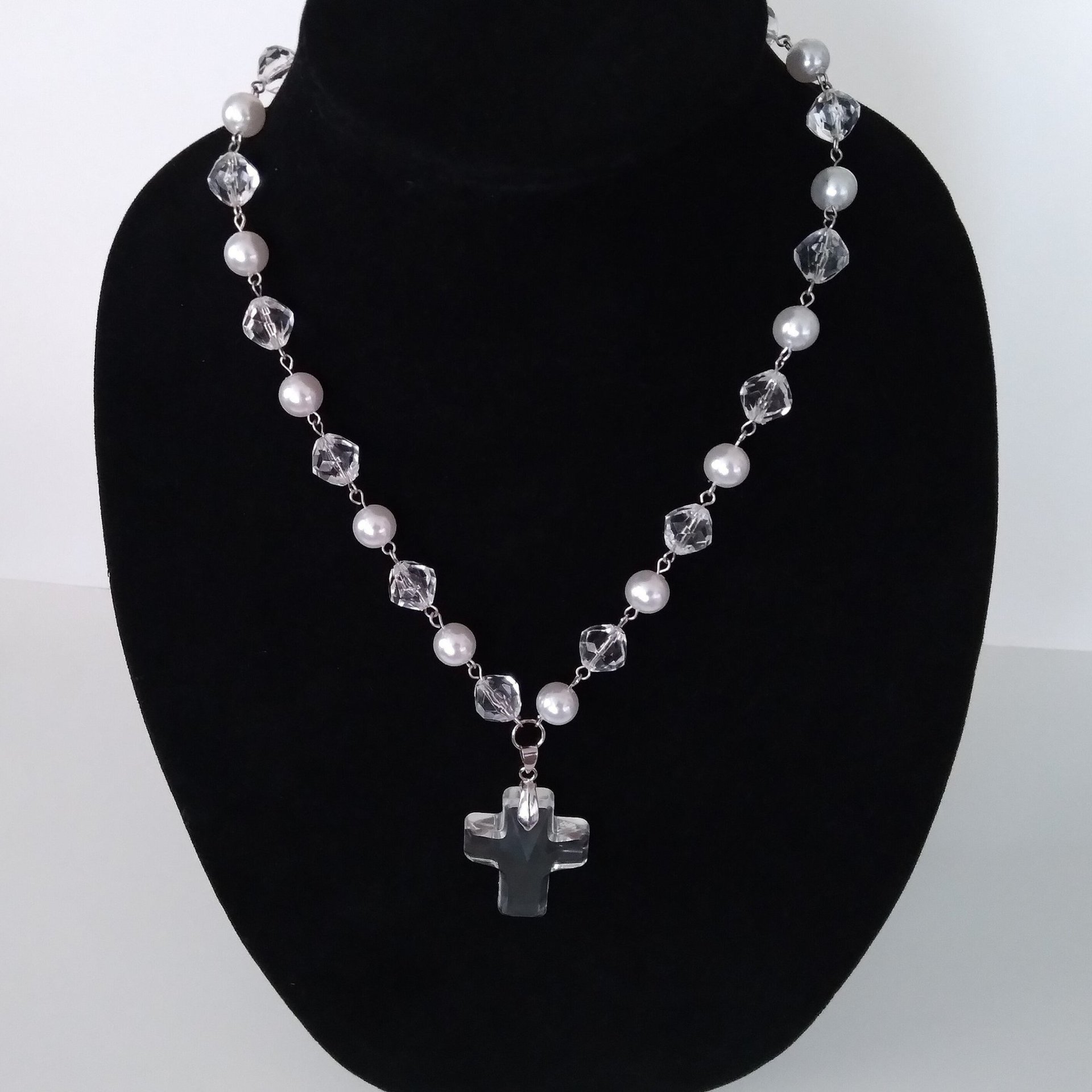Clear Glass & Pearl Cross Necklace - 18" with clear glass cross pendant