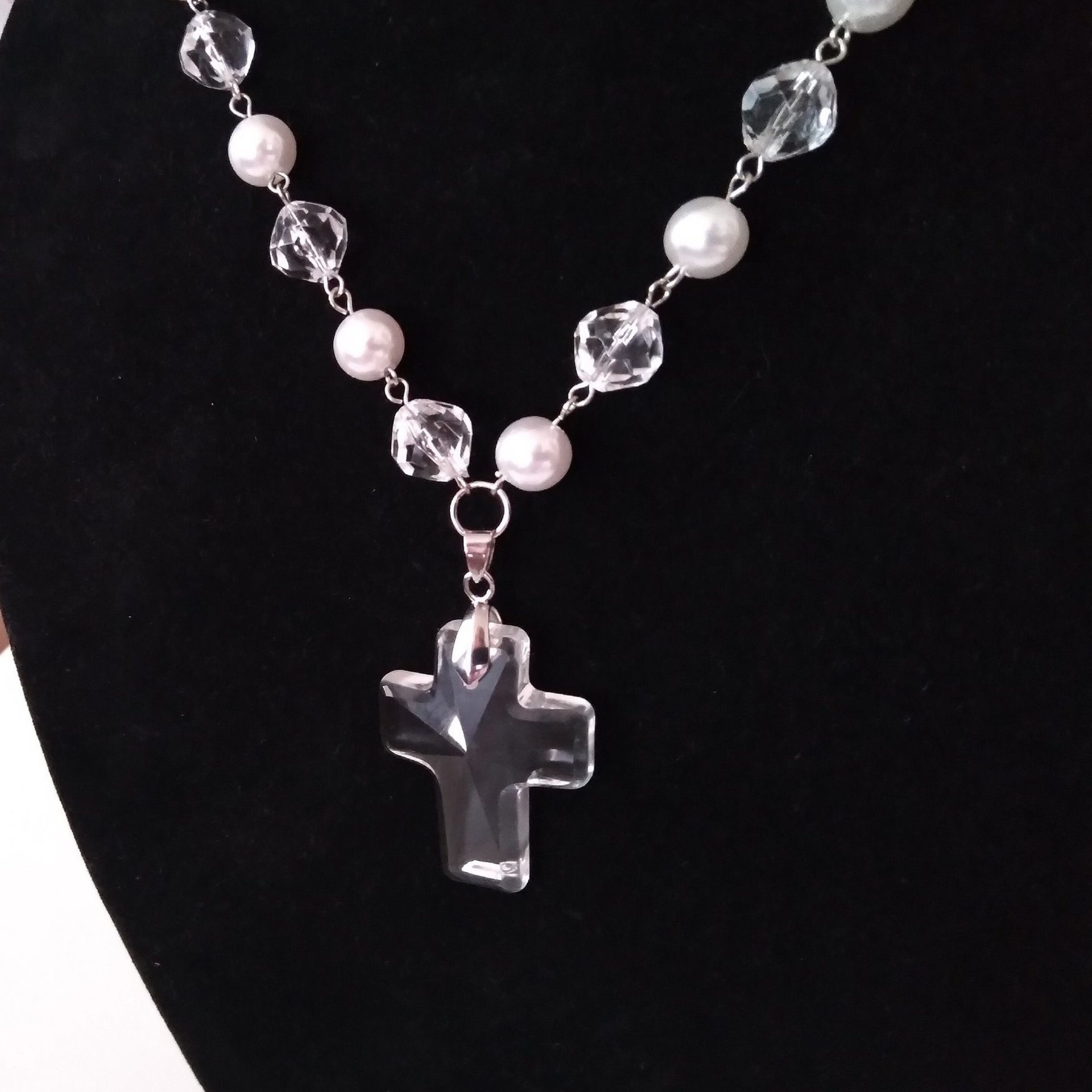 Clear Glass & Pearl Cross Necklace - 18" with clear glass cross pendant
