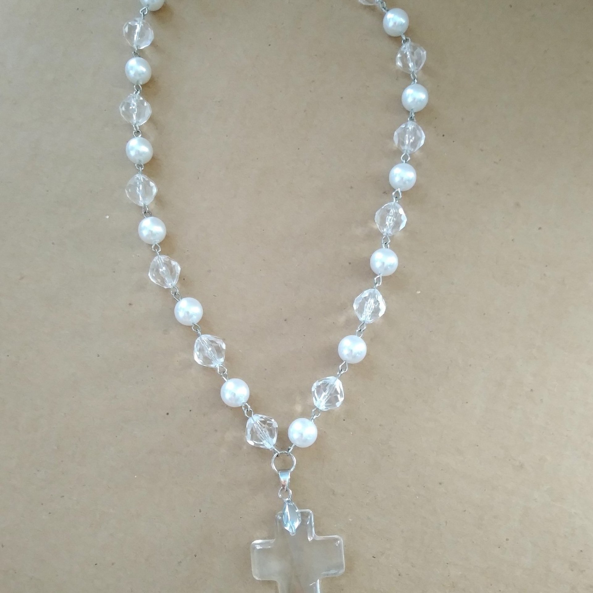 Clear Glass & Pearl Cross Necklace - 18" with clear glass cross pendant