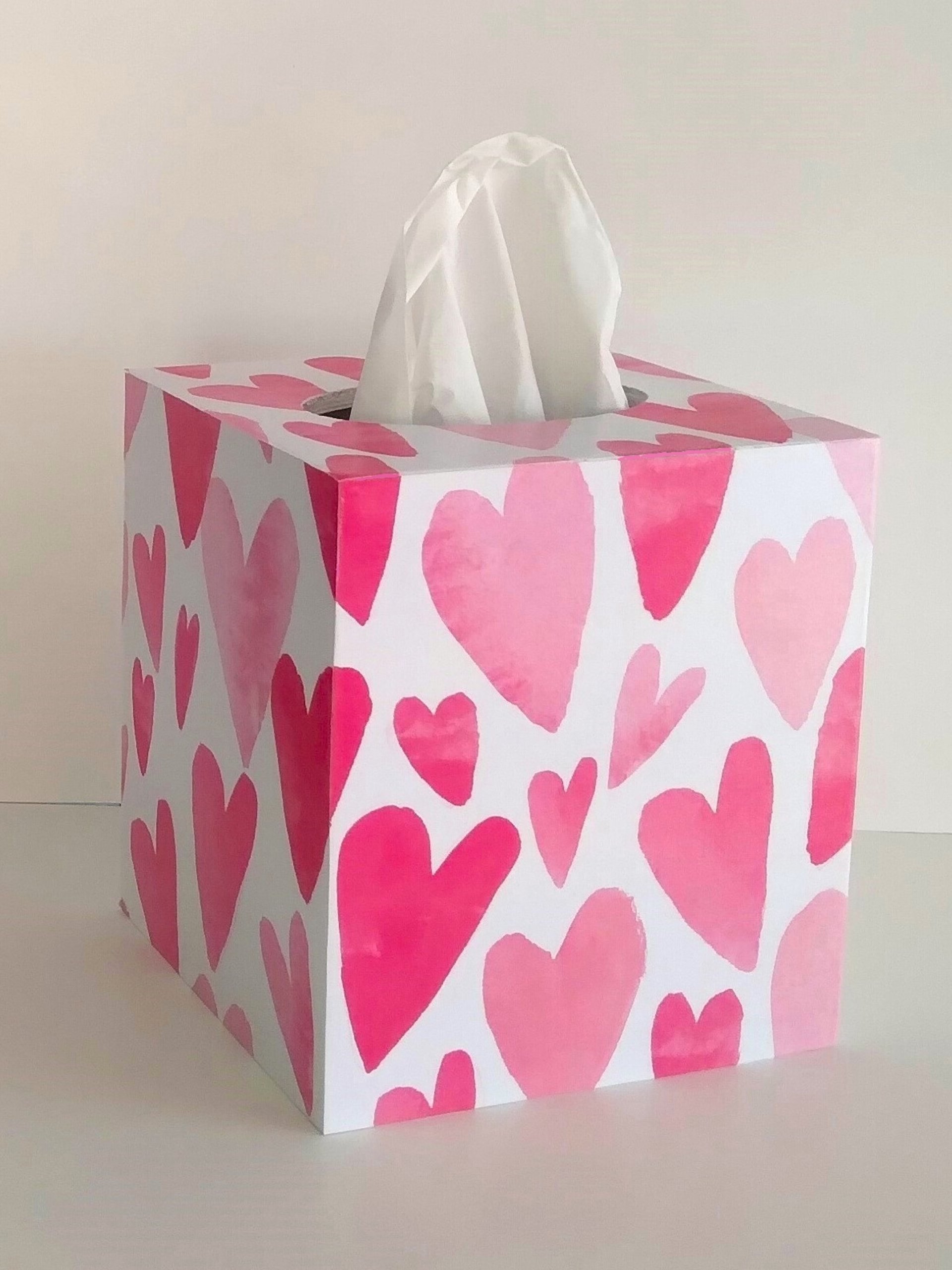 Hearts Tissue Box Cover - Decoupage square tissue holder, Valentines, Love