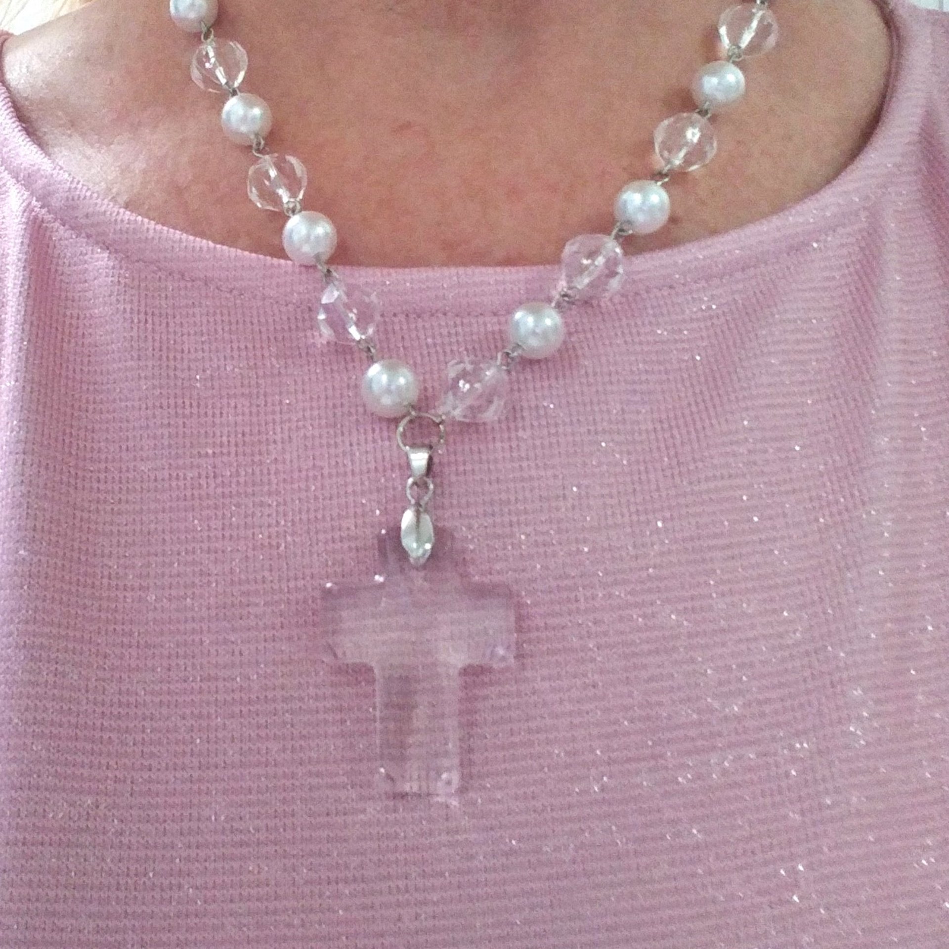 Clear Glass & Pearl Cross Necklace - 18" with clear glass cross pendant
