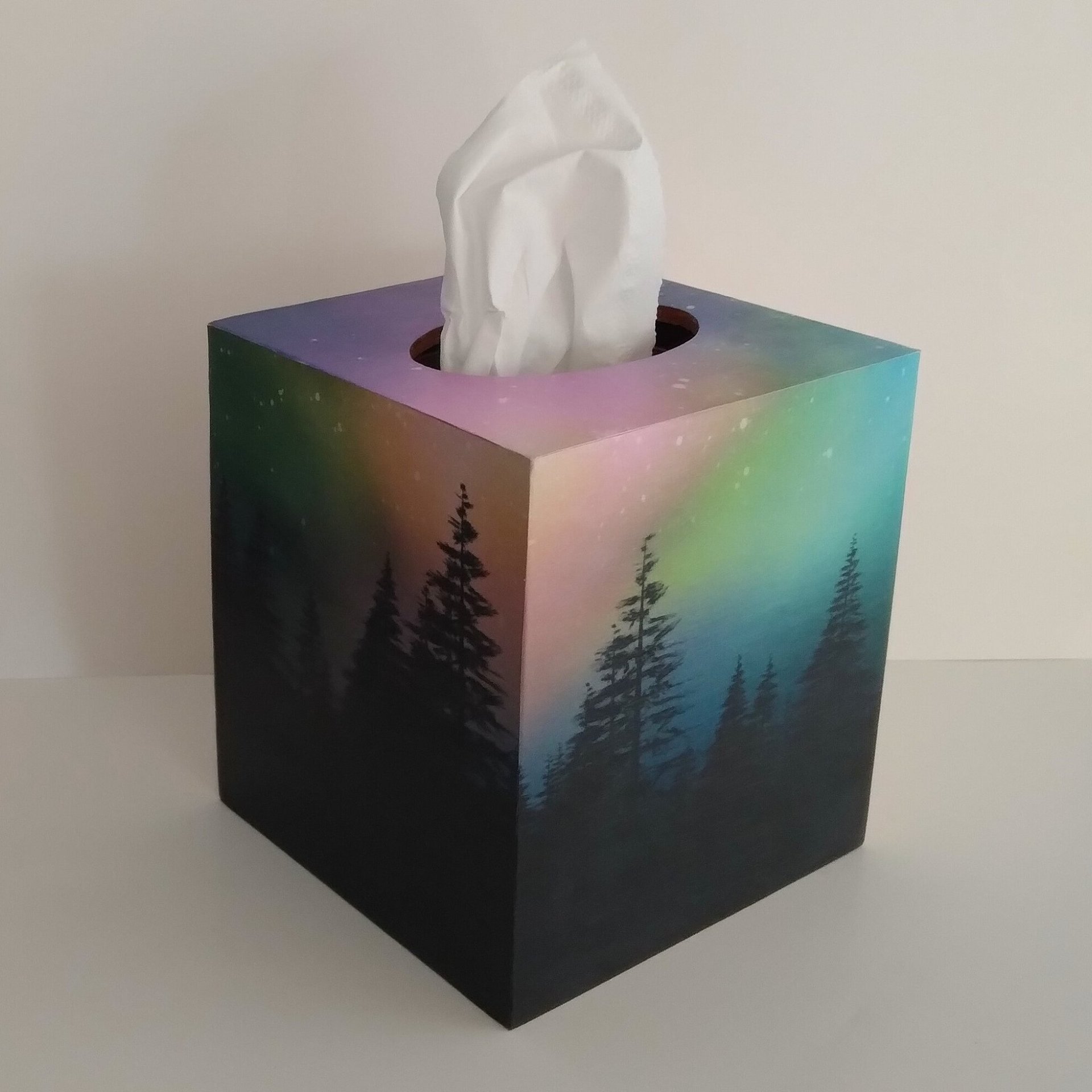 Aurora Borealis Northern Lights Tissue Box Cover - Decoupage square tissue holder with sky and mountain trees