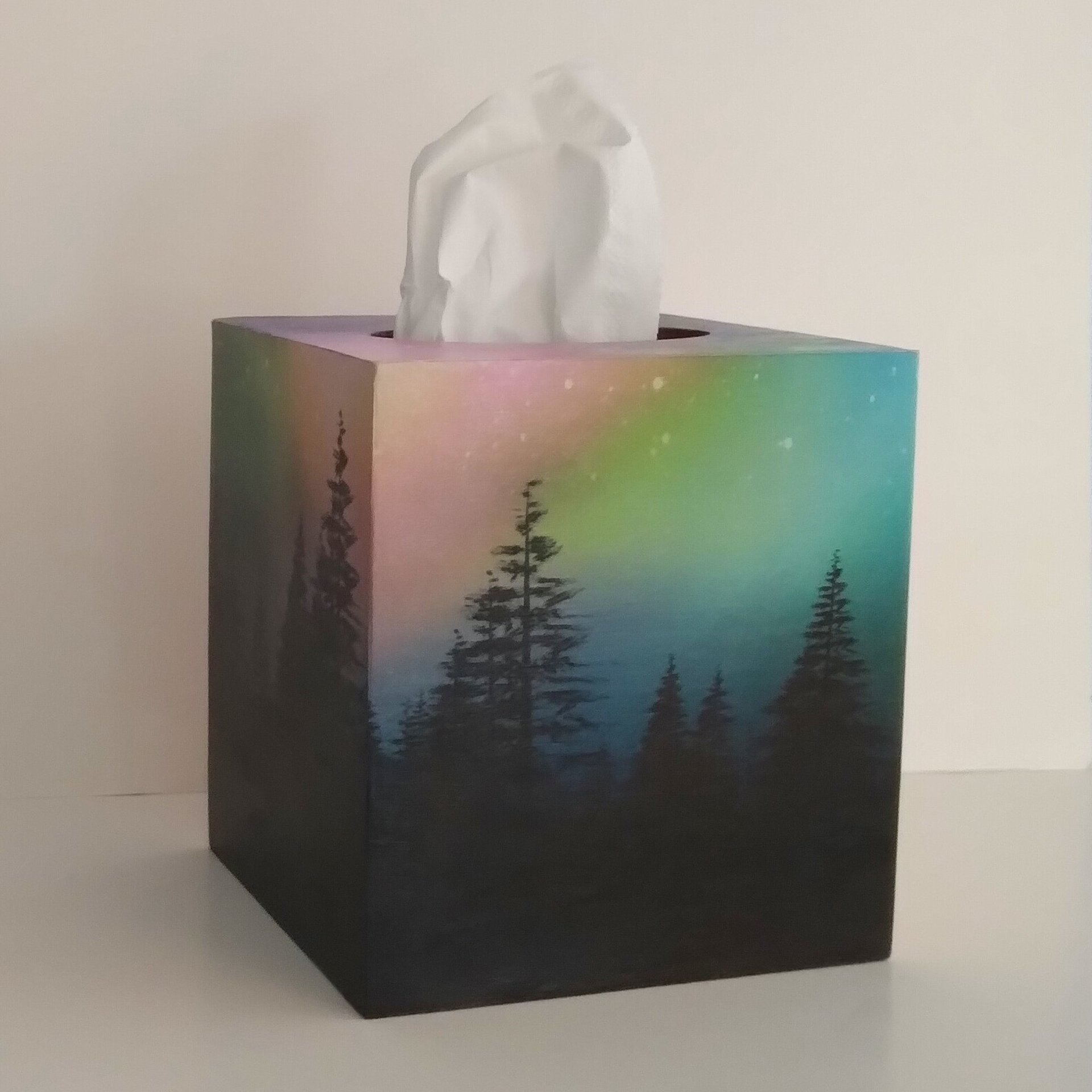 Aurora Borealis Northern Lights Tissue Box Cover - Decoupage square tissue holder with sky and mountain trees