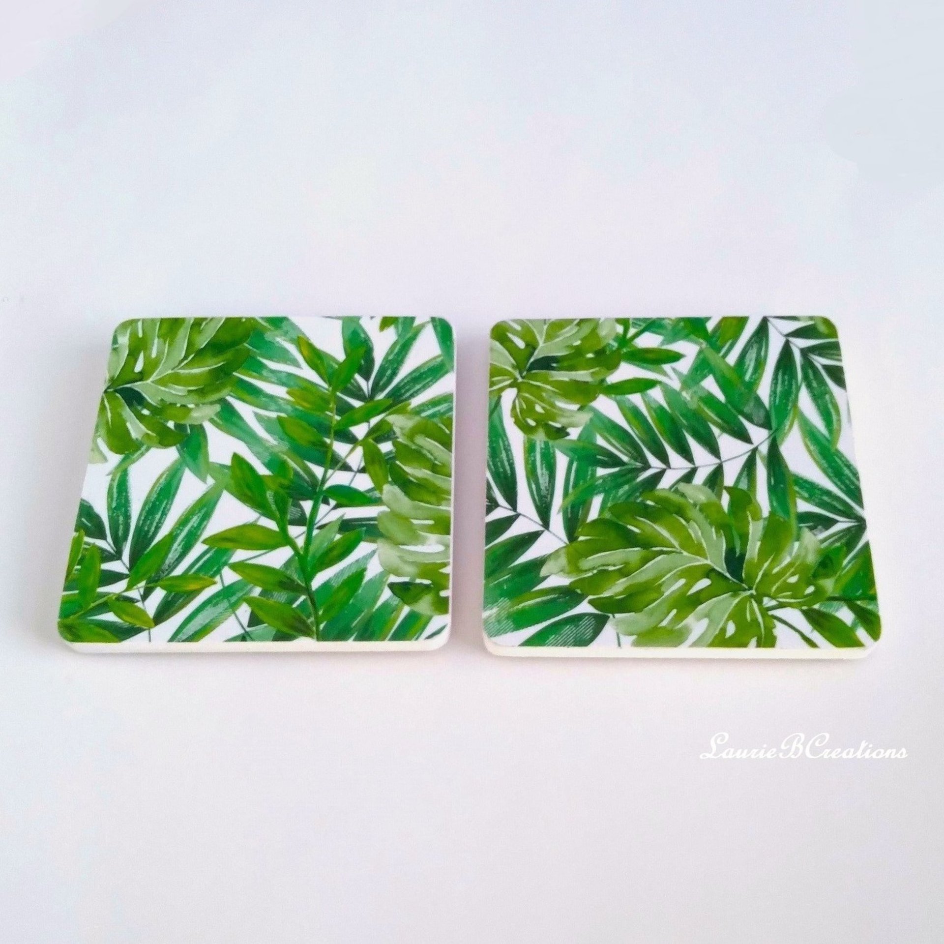 Tropical Palm Drink Coasters- Decoupage with green leaves on white background- Set of 2 