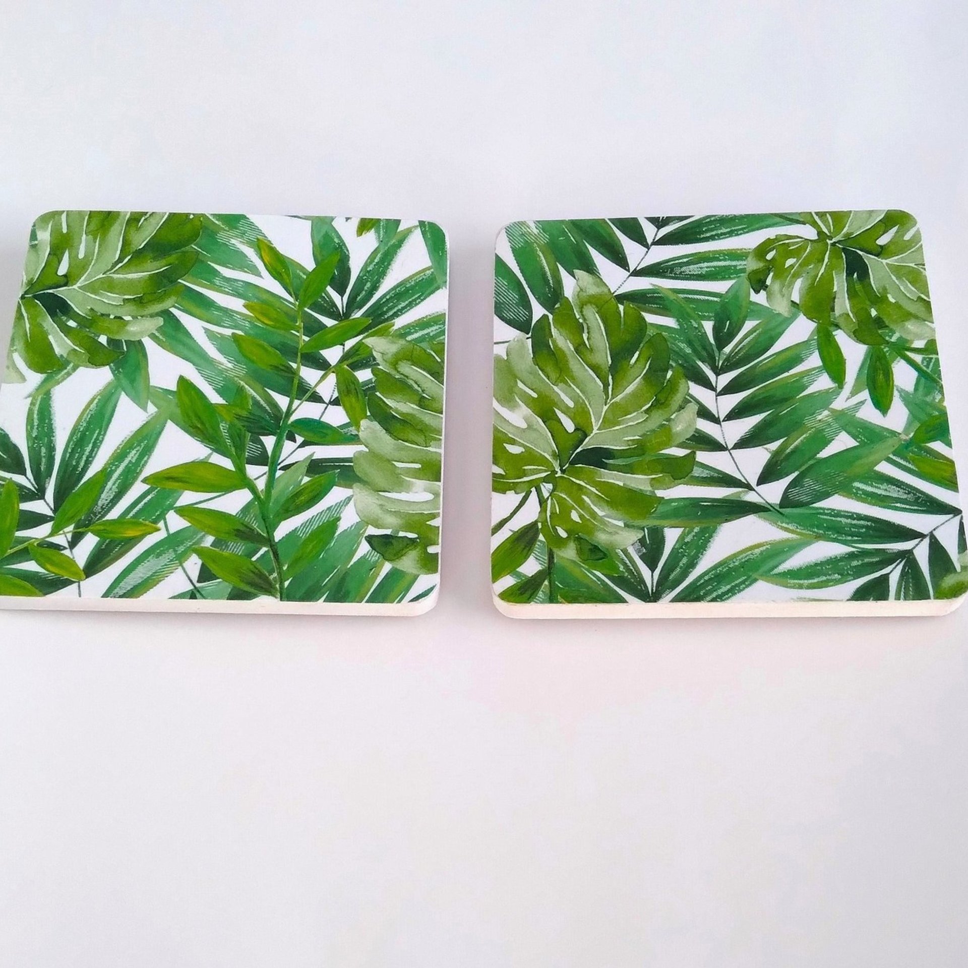 Tropical Palm Drink Coasters- Decoupage with green leaves on white background- Set of 2 