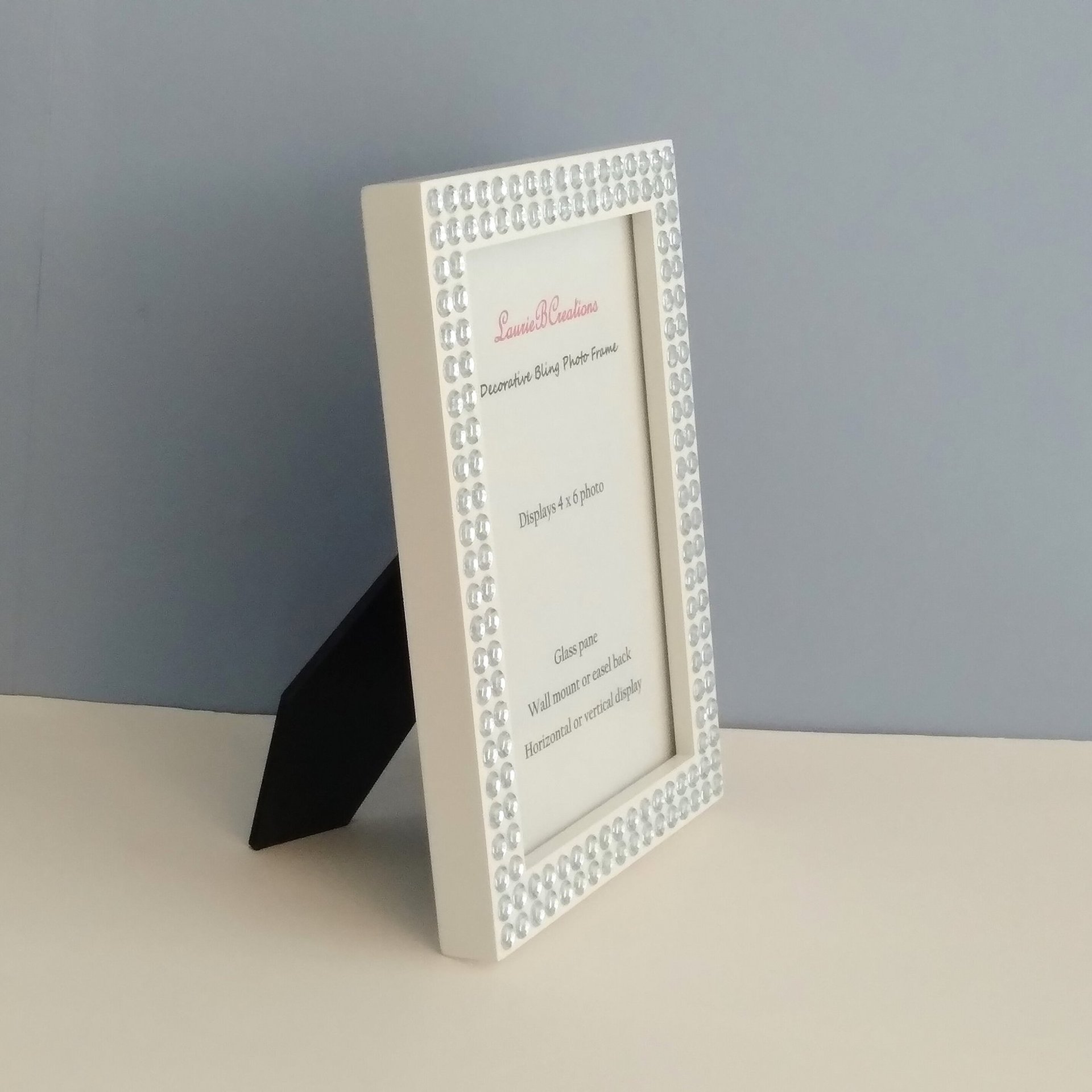 Bling Picture Frame - White or black w/small clear rhinestones - for 4 x 6 or 5 x 7 photos or info