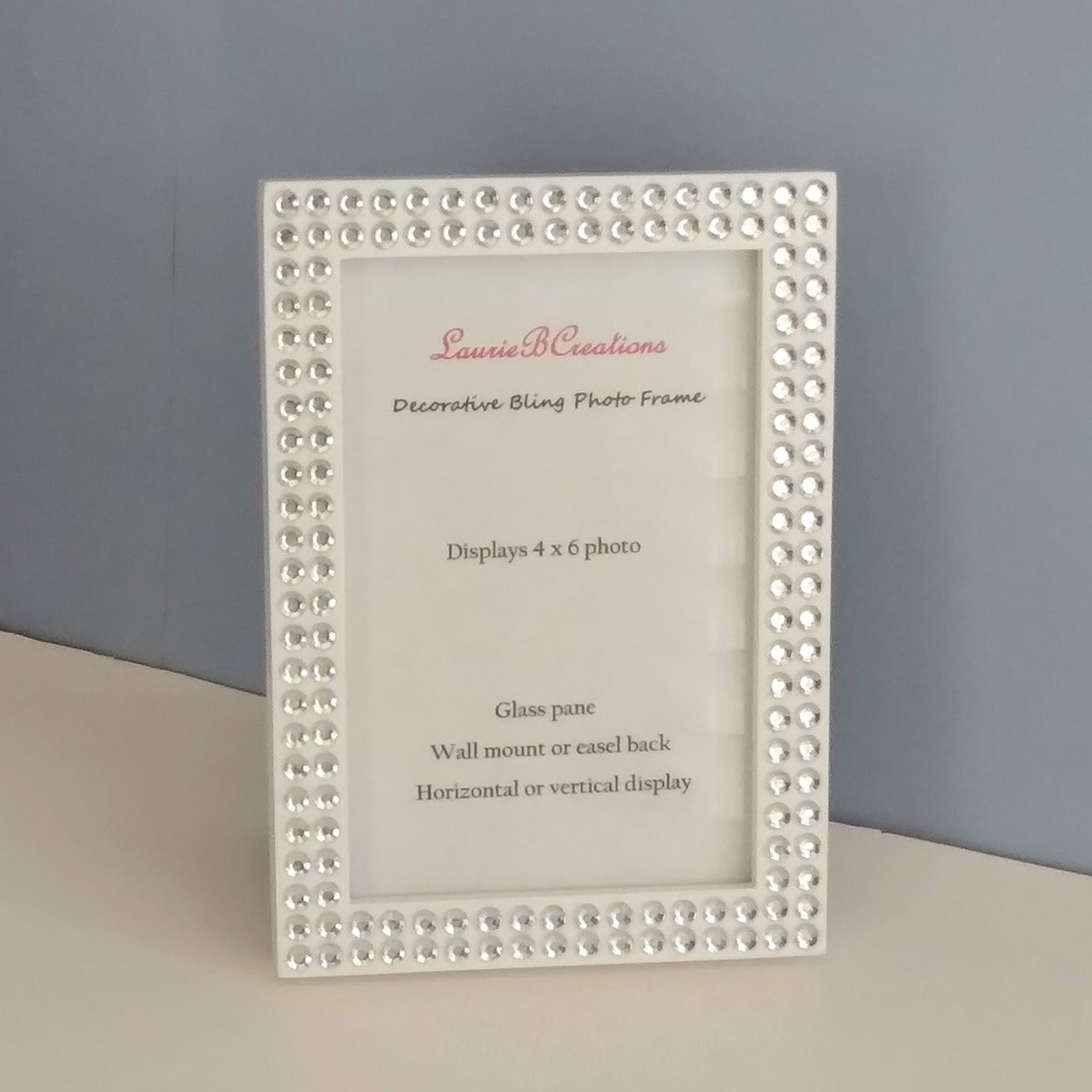 Bling Picture Frame - White or black w/small clear rhinestones - for 4 x 6 or 5 x 7 photos or info