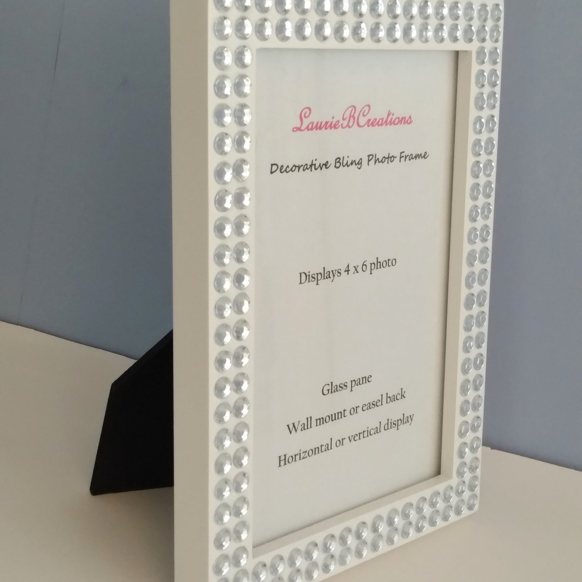 Bling Picture Frame - White or black w/small clear rhinestones - for 4 x 6 or 5 x 7 photos or info