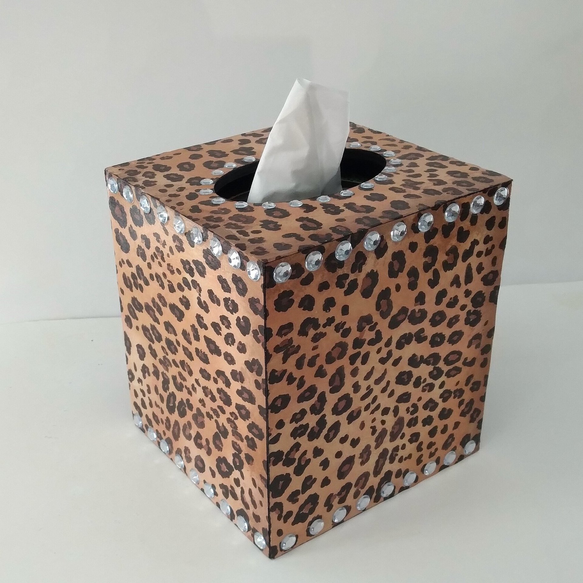 Leopard & Bling Tissue Box Cover - Decoupage Wood Tissue Holder with Cheetah Print and Clear Rhinestones 
