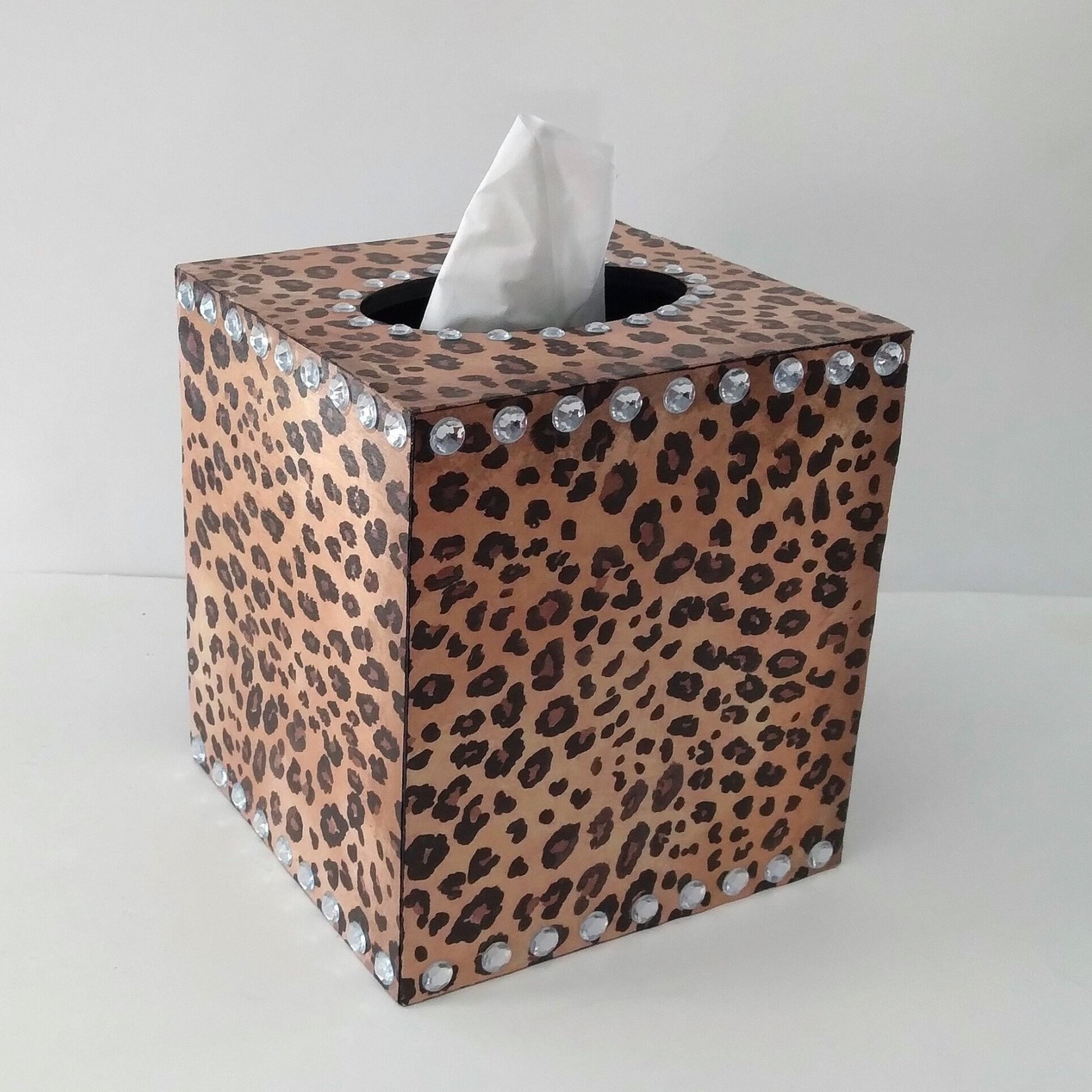 Leopard & Bling Tissue Box Cover - Decoupage Wood Tissue Holder with Cheetah Print and Clear Rhinestones 