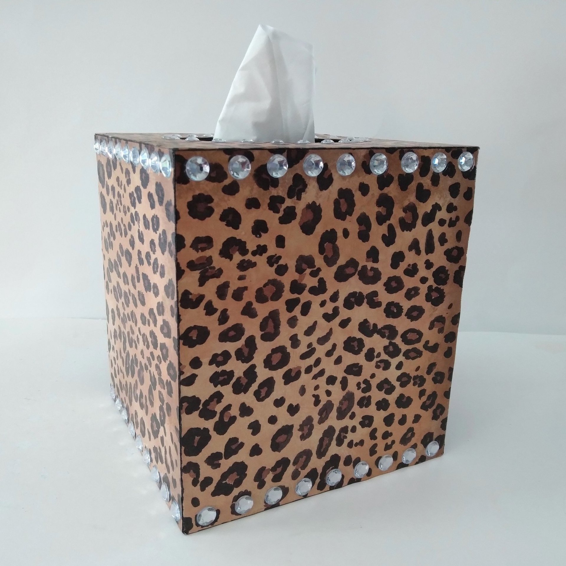 Leopard & Bling Tissue Box Cover - Decoupage Wood Tissue Holder with Cheetah Print and Clear Rhinestones 