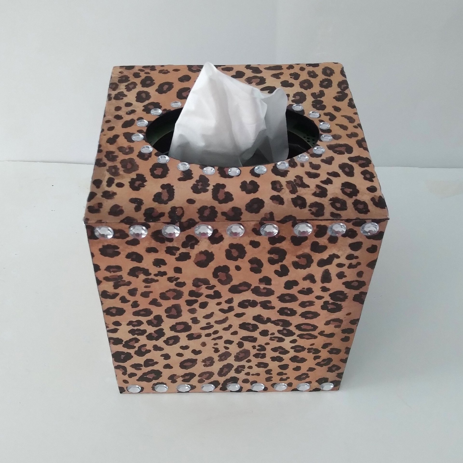 Leopard & Bling Tissue Box Cover - Decoupage Wood Tissue Holder with Cheetah Print and Clear Rhinestones 