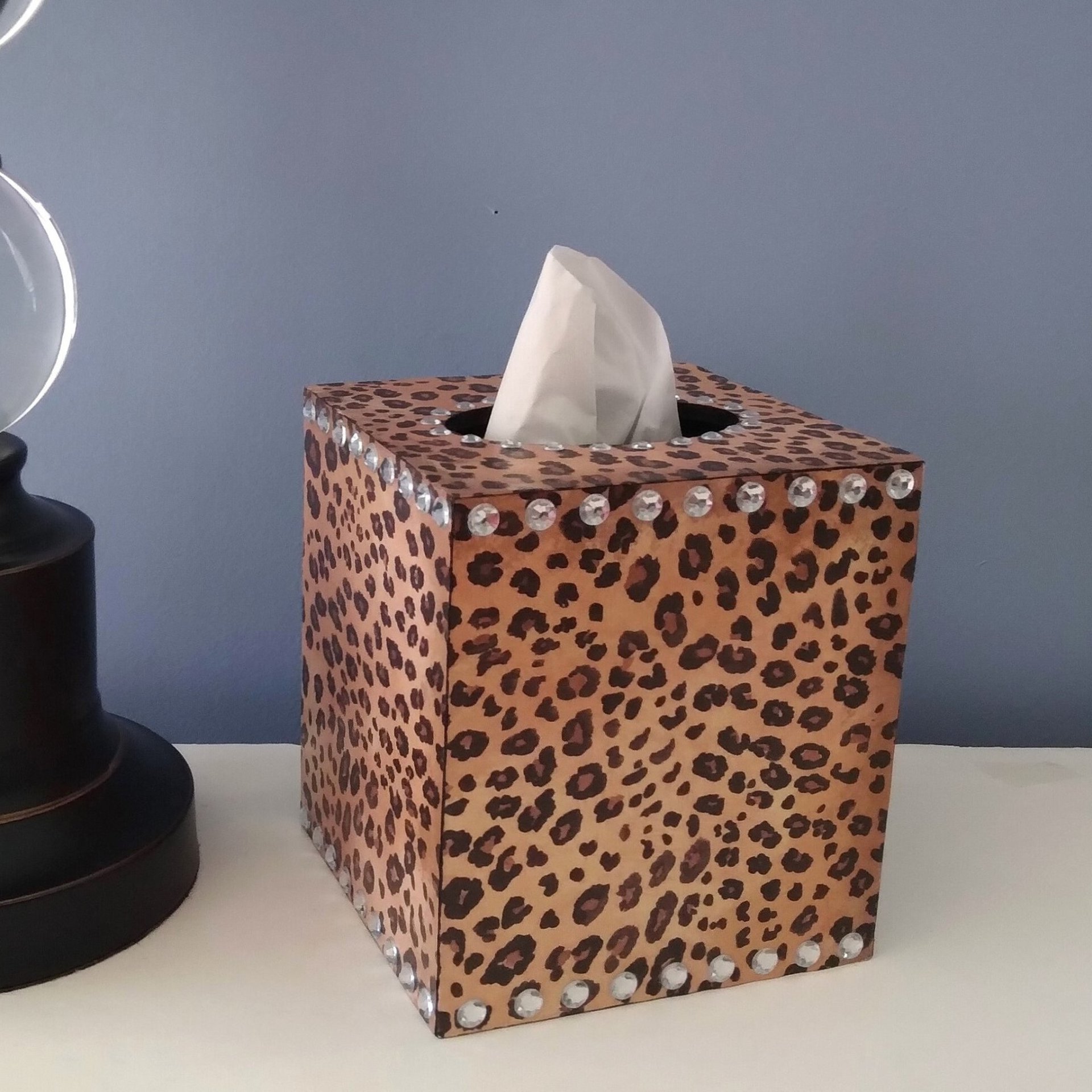 Leopard & Bling Tissue Box Cover - Decoupage Wood Tissue Holder with Cheetah Print and Clear Rhinestones 