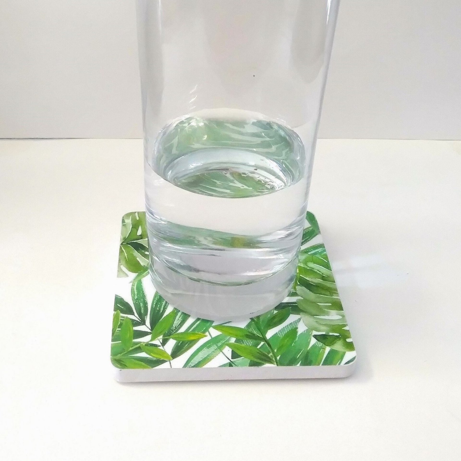 Tropical Palm Drink Coasters- Decoupage with green leaves on white background- Set of 2 