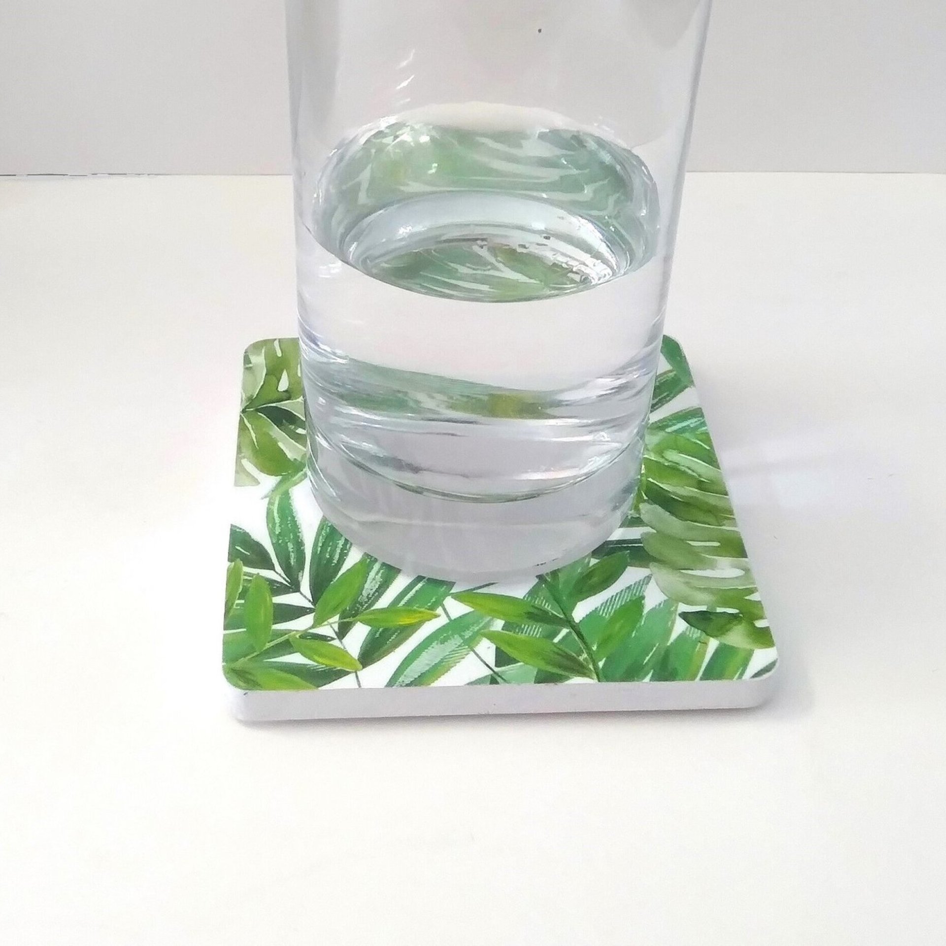 Tropical Palm Drink Coasters- Decoupage with green leaves on white background- Set of 2 