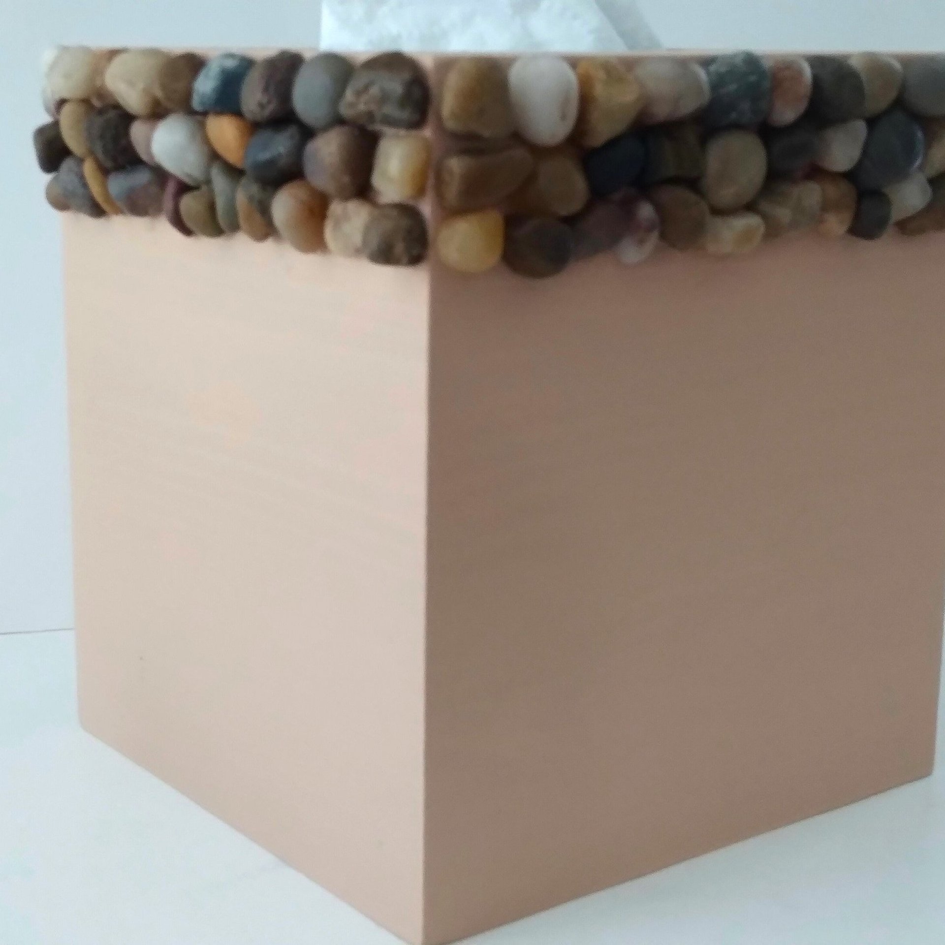 River Rock Tissue Box Cover - Handpainted beige with natural stone pebbles